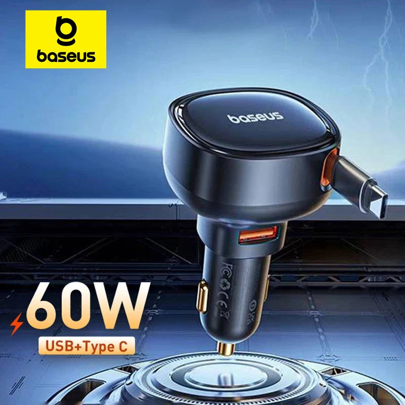 Baseus 60W Car Charger 2 in 1 Retractable Cable SCP 25W QC PD 30W