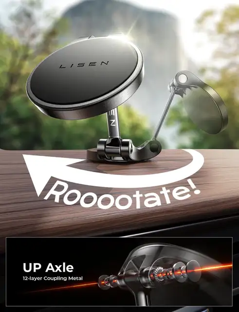 LISEN Hands Free Folding Car Magnetic Phone Holder Rotatable Dash Cell Phone Holder