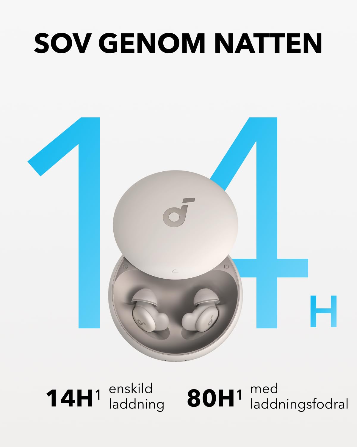 Anker Sleep Earbuds, brusblockerande sömnhörlurar, liten design för sidosovare, 80 timmars speltid, strömma innehåll via Bluetooth 5,3, sömnmonitor, personlig alarm