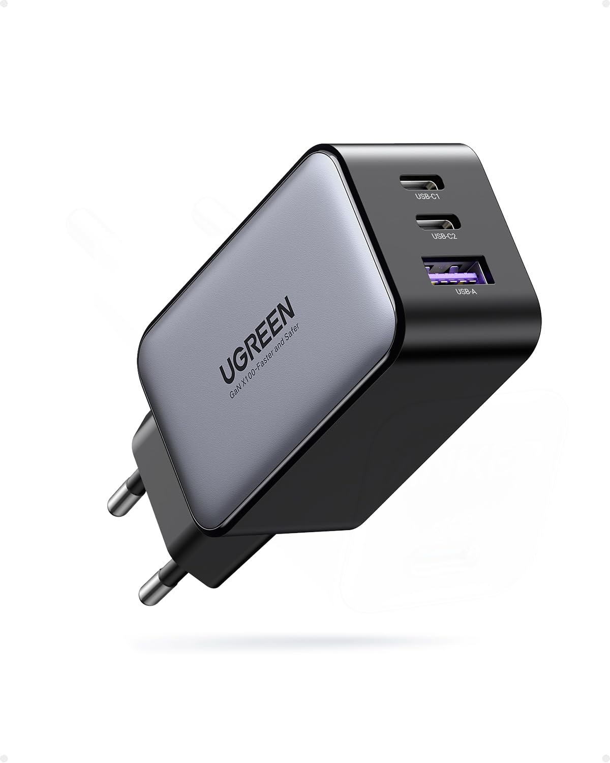UGREEN Nexode USB C-laddare 65W USB C-strömadapter 3-portars GaN PD Charger PPS Kompatibel med MacBook Pro/Air, iPhone 16 Pro Max, 15, iPad Pro, Galaxy S24, S23, S22, Steam Deck.(Svart)