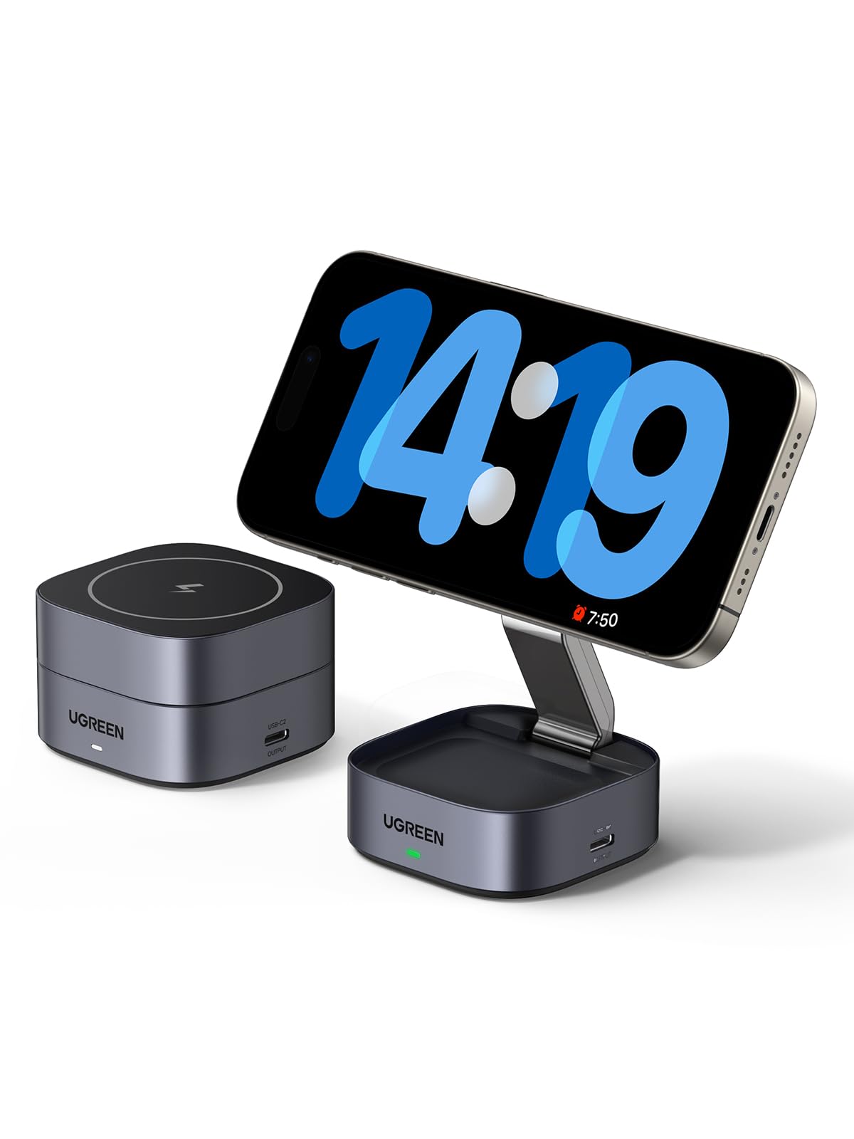 UGREEN MagFlow vikbart 2 i 1 laddningsstativ för iPhone kompatibelt med MagSafe trådlös laddare för iPhone 16,16 Pro,16 Pro Max,15,14,13,12, AirPods, vinkeljusterbart laddningsstativ