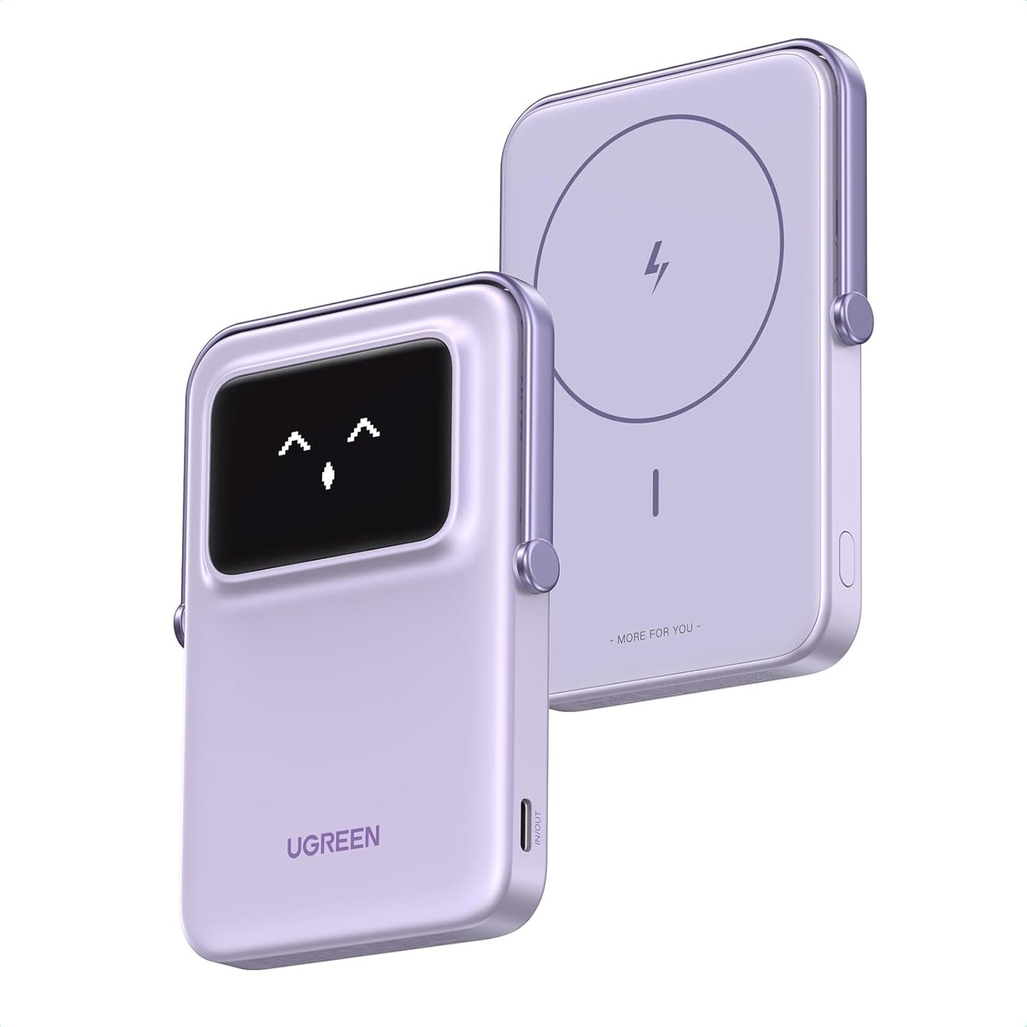 UGREEN Uno Wireless Power Bank 5000mAh Magnetisk powerbank med vikbart stativ och TFT-skärm, 20W USB-C snabbladdning, 7.5W MagSafe kompatibel med iPhone 12-16-serien (Lila)