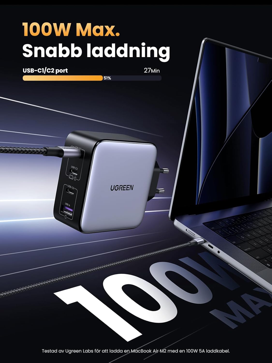 UGREEN Nexode 100W USB C Laddare GaN USB C Charger 4 Portar Laddare PD Strömadapter med PPS Kompatibel med MacBook Pro, iPhone 16/16 Pro/15 Pro Max/15, iPad Pro, S24 Ultra, S23, S22, Steam Deck osv.