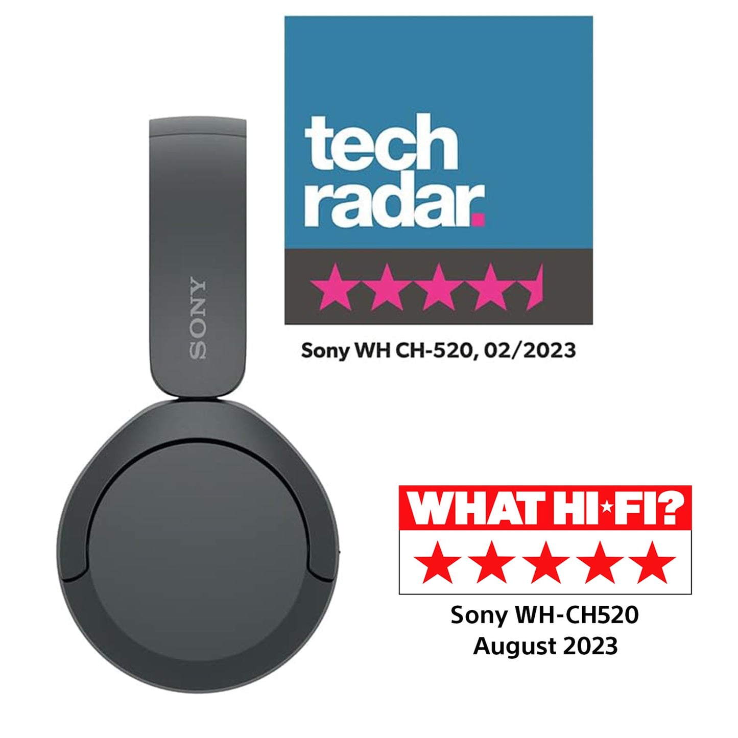 Sony WH-CH520 trådlösa Bluetooth-hörlurar - upp till 50 timmars batteritid med snabbladdning, On-ear-stil - Svart