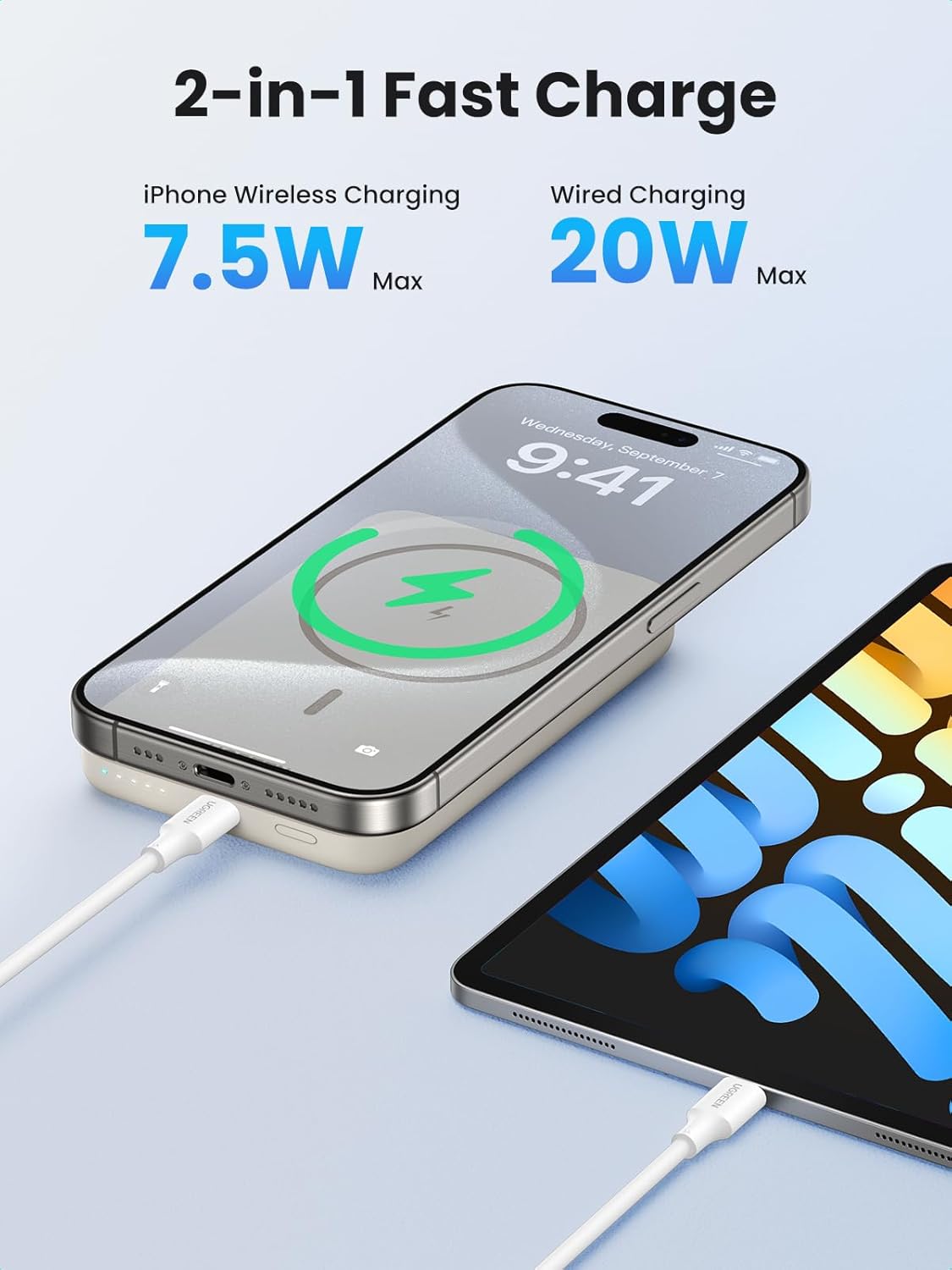 UGREEN Trådlös powerbank 10000mAh magnetisk powerbank med USB-C snabbladdningsfunktion, trådlöst externt batteri MagSafe kompatibelt med iPhone 16 Pro Max/Pro/16/15 Pro Max/Pro/14/13/12(svart)