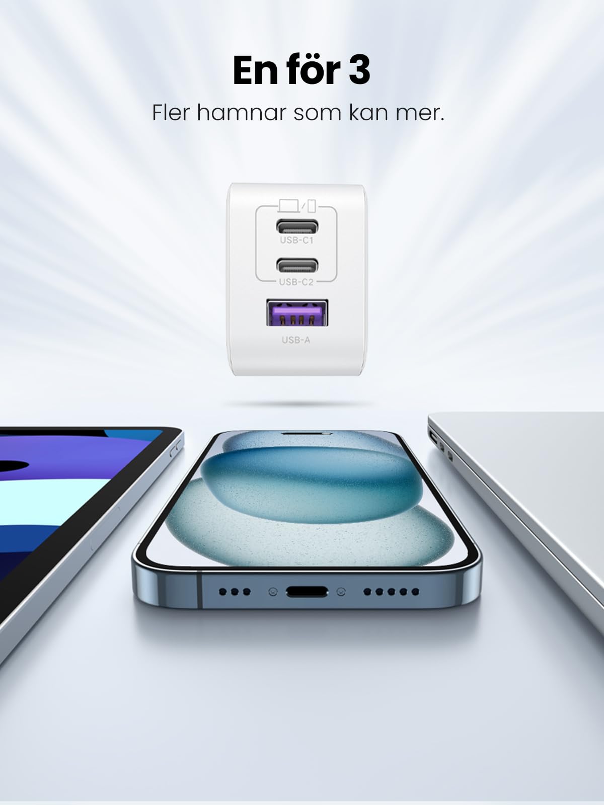 UGREEN Nexode USB C-laddare 65W USB C-strömadapter 3-portars GaN PD Charger PPS Kompatibel med MacBook Pro/Air, iPhone 16 Pro Max, 15, iPad Pro, Galaxy S24, S23, S22, Steam Deck.(Svart)