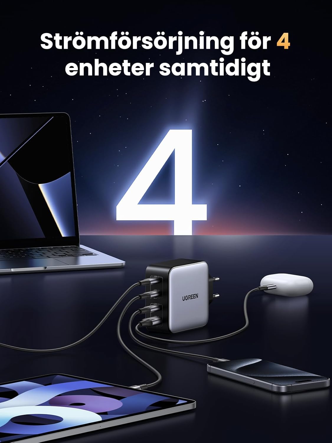 UGREEN Nexode 100W USB C Laddare GaN USB C Charger 4 Portar Laddare PD Strömadapter med PPS Kompatibel med MacBook Pro, iPhone 16/16 Pro/15 Pro Max/15, iPad Pro, S24 Ultra, S23, S22, Steam Deck osv.