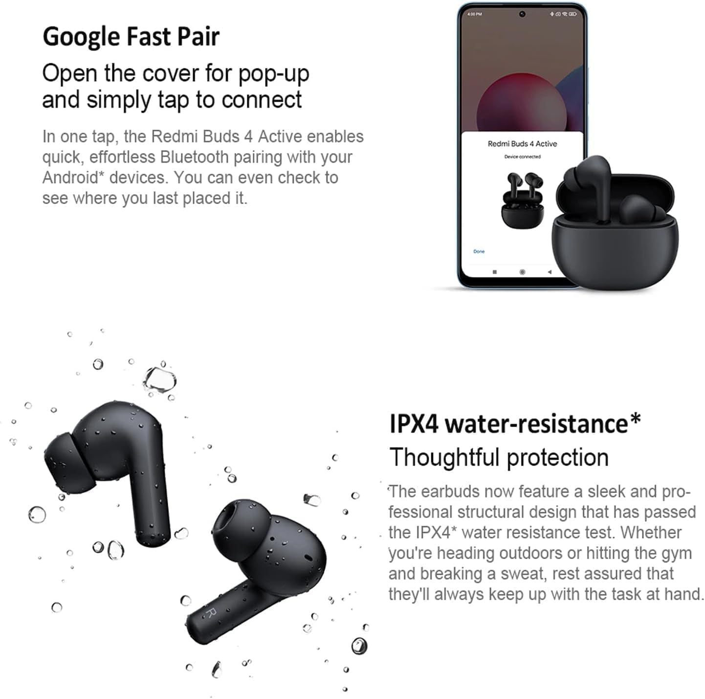 Xiaomi Redmi Buds 4 Active TWS trådlösa öronsnäckor, Bluetooth 5.3 spel med låg latens med AI-samtal, brusreducering, IP54 vattentät, 30H speltid, lätt komfort passform hörlurar, vit