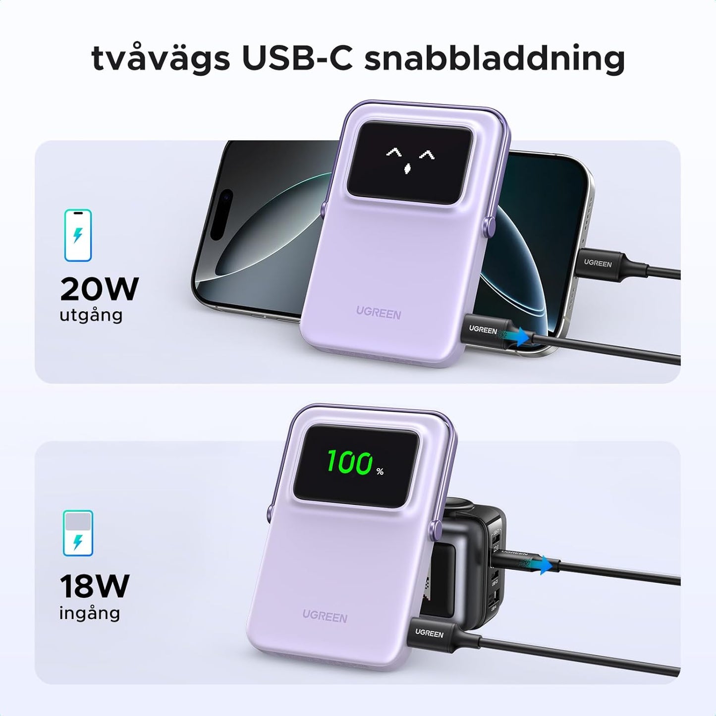 UGREEN Uno Wireless Power Bank 5000mAh Magnetisk powerbank med vikbart stativ och TFT-skärm, 20W USB-C snabbladdning, 7.5W MagSafe kompatibel med iPhone 12-16-serien (Lila)