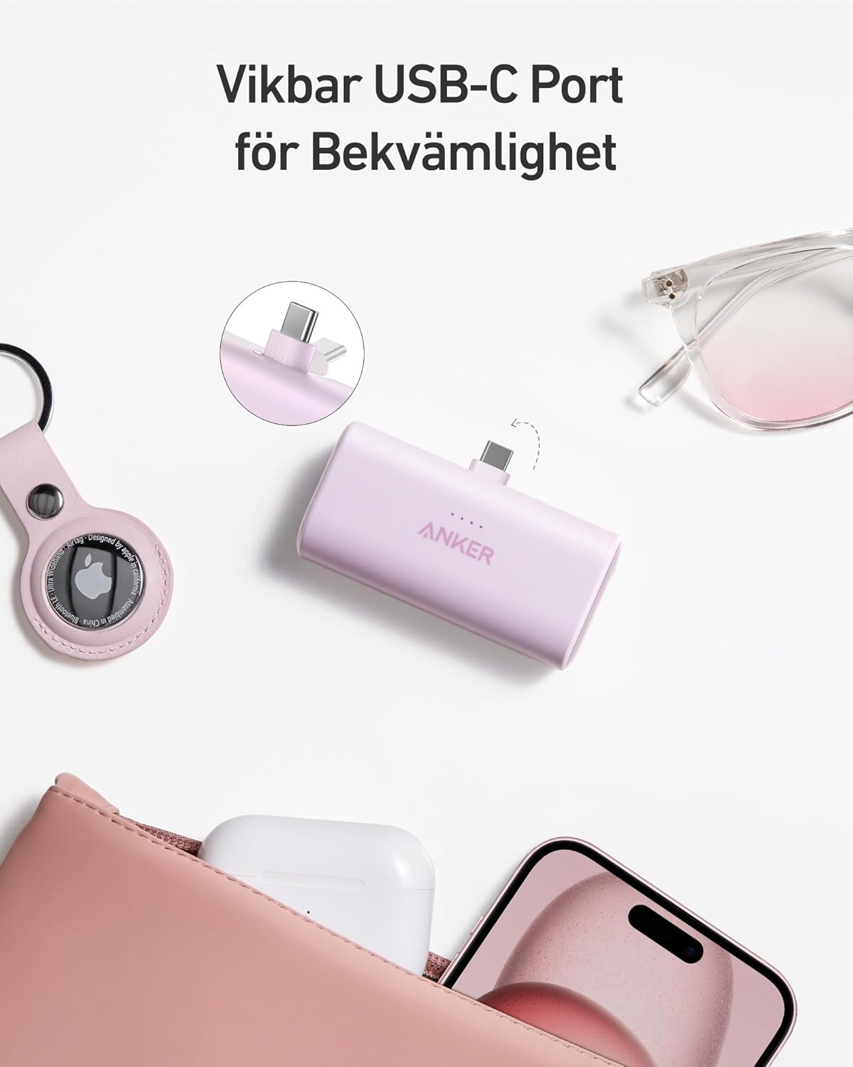 Anker Nano Powerbank, 5000 mAh Powerbank 22,5 W, integrerad vikbar USB-C-kontakt