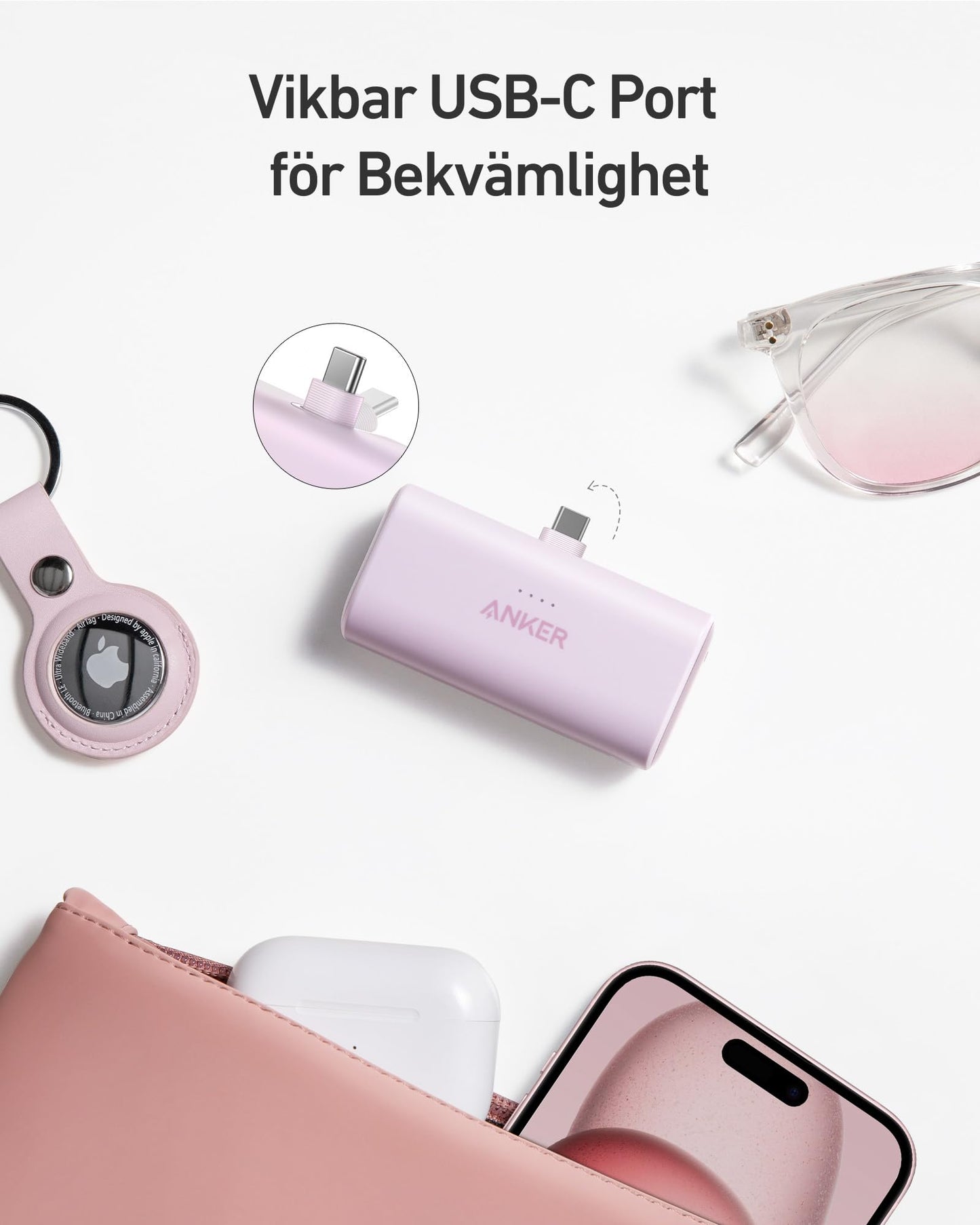 Anker Nano Powerbank, 5000 mAh Powerbank 22,5 W, integrerad vikbar USB-C-kontakt