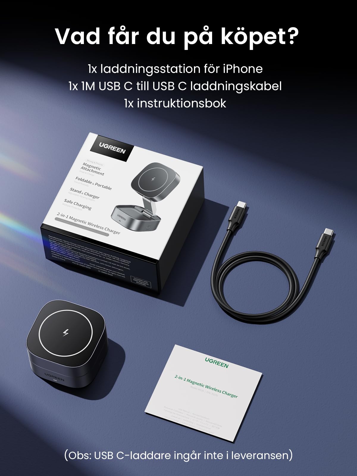UGREEN MagFlow vikbart 2 i 1 laddningsstativ för iPhone kompatibelt med MagSafe trådlös laddare för iPhone 16,16 Pro,16 Pro Max,15,14,13,12, AirPods, vinkeljusterbart laddningsstativ