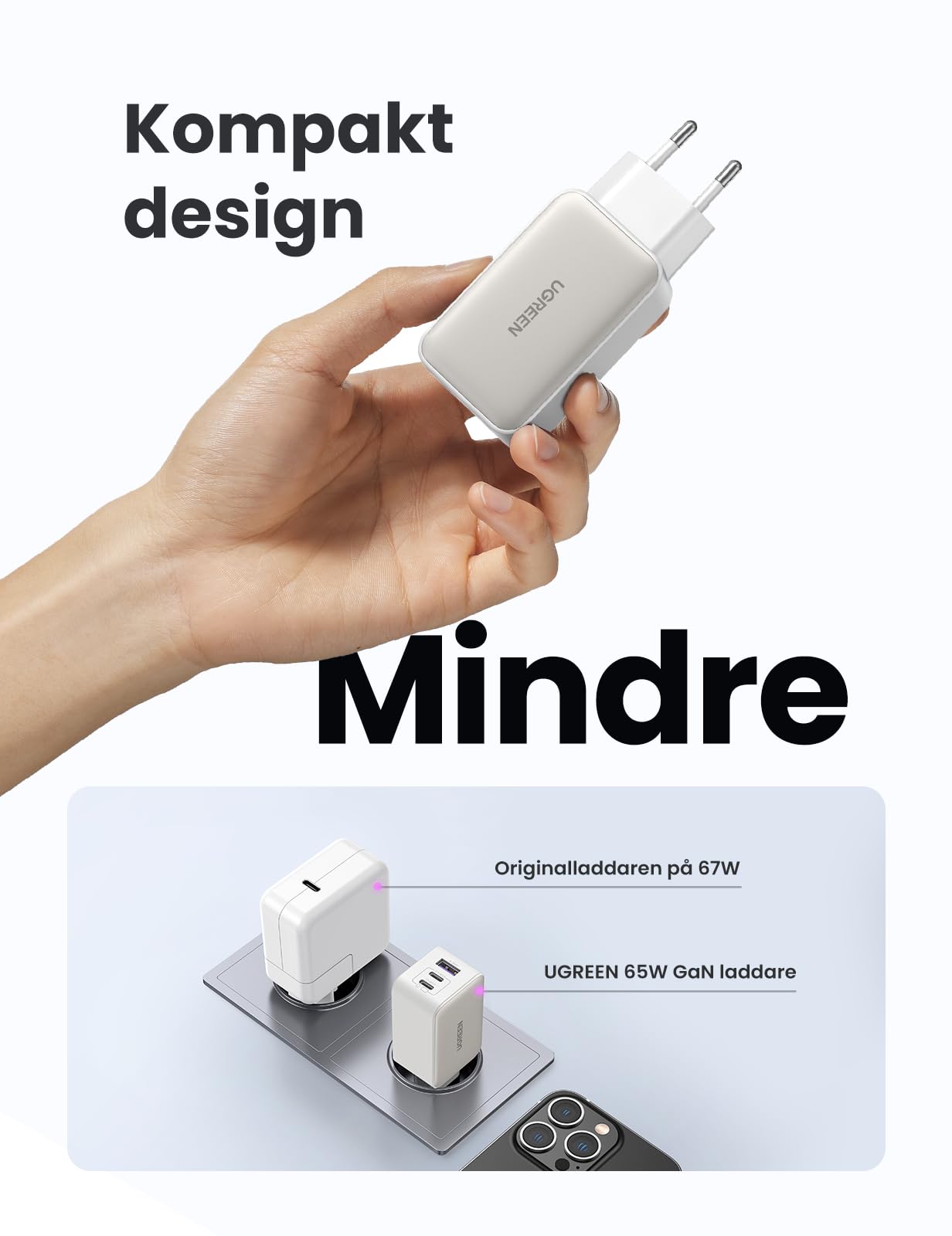 UGREEN Nexode USB C-laddare 65W USB C-strömadapter 3-portars GaN PD Charger PPS Kompatibel med MacBook Pro/Air, iPhone 16 Pro Max, 15, iPad Pro, Galaxy S24, S23, S22, Steam Deck.(Svart)