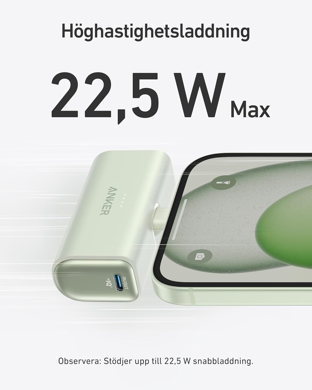 Anker Nano Powerbank, 5000 mAh Powerbank 22,5 W, integrerad vikbar USB-C-kontakt