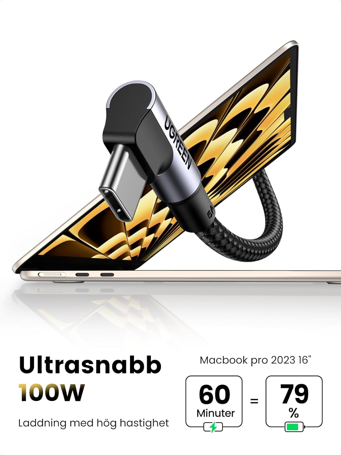 UGREEN 100W USB C till USB C-kabel Vinkel PD 3.0 PPS Laddningskabel USB-C 90 grader kompatibel iPhone 15 Pro Max, Galaxy S24 Ultra, M2 MacBook Pro/Air iPad Pro 12.9 iPad Mini 6 Steam Deck etc. (2m)
