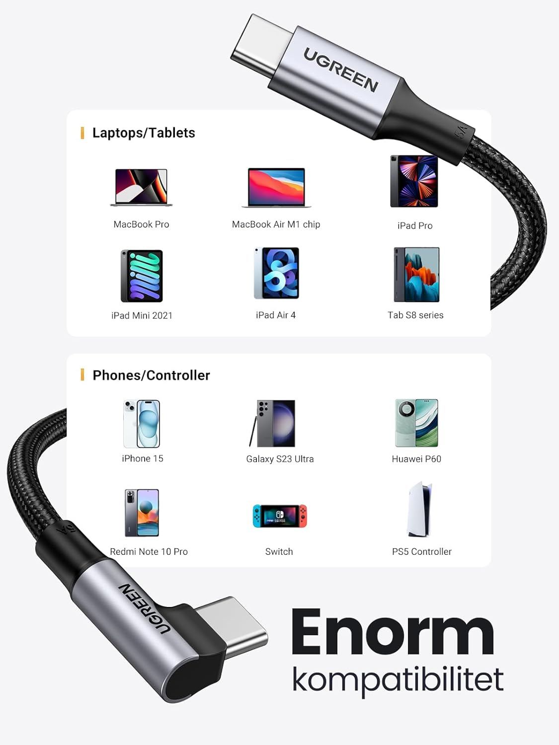 UGREEN 100W USB C till USB C-kabel Vinkel PD 3.0 PPS Laddningskabel USB-C 90 grader kompatibel iPhone 15 Pro Max, Galaxy S24 Ultra, M2 MacBook Pro/Air iPad Pro 12.9 iPad Mini 6 Steam Deck etc. (2m)