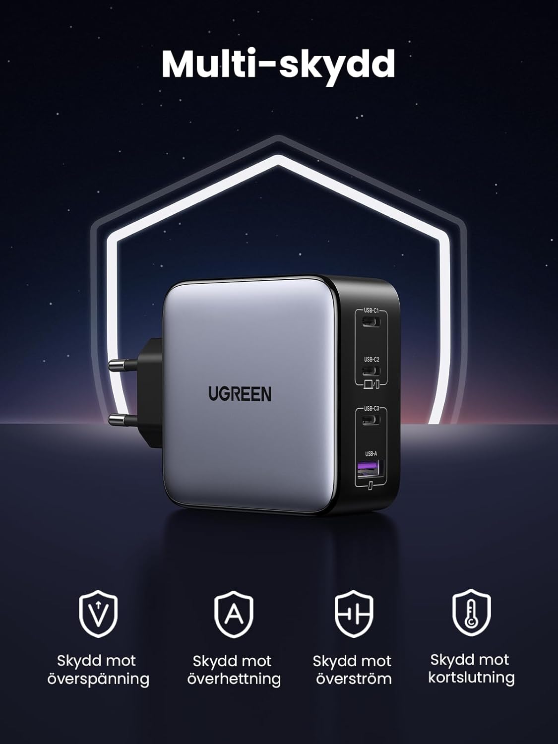 UGREEN Nexode 100W USB C Laddare GaN USB C Charger 4 Portar Laddare PD Strömadapter med PPS Kompatibel med MacBook Pro, iPhone 16/16 Pro/15 Pro Max/15, iPad Pro, S24 Ultra, S23, S22, Steam Deck osv.
