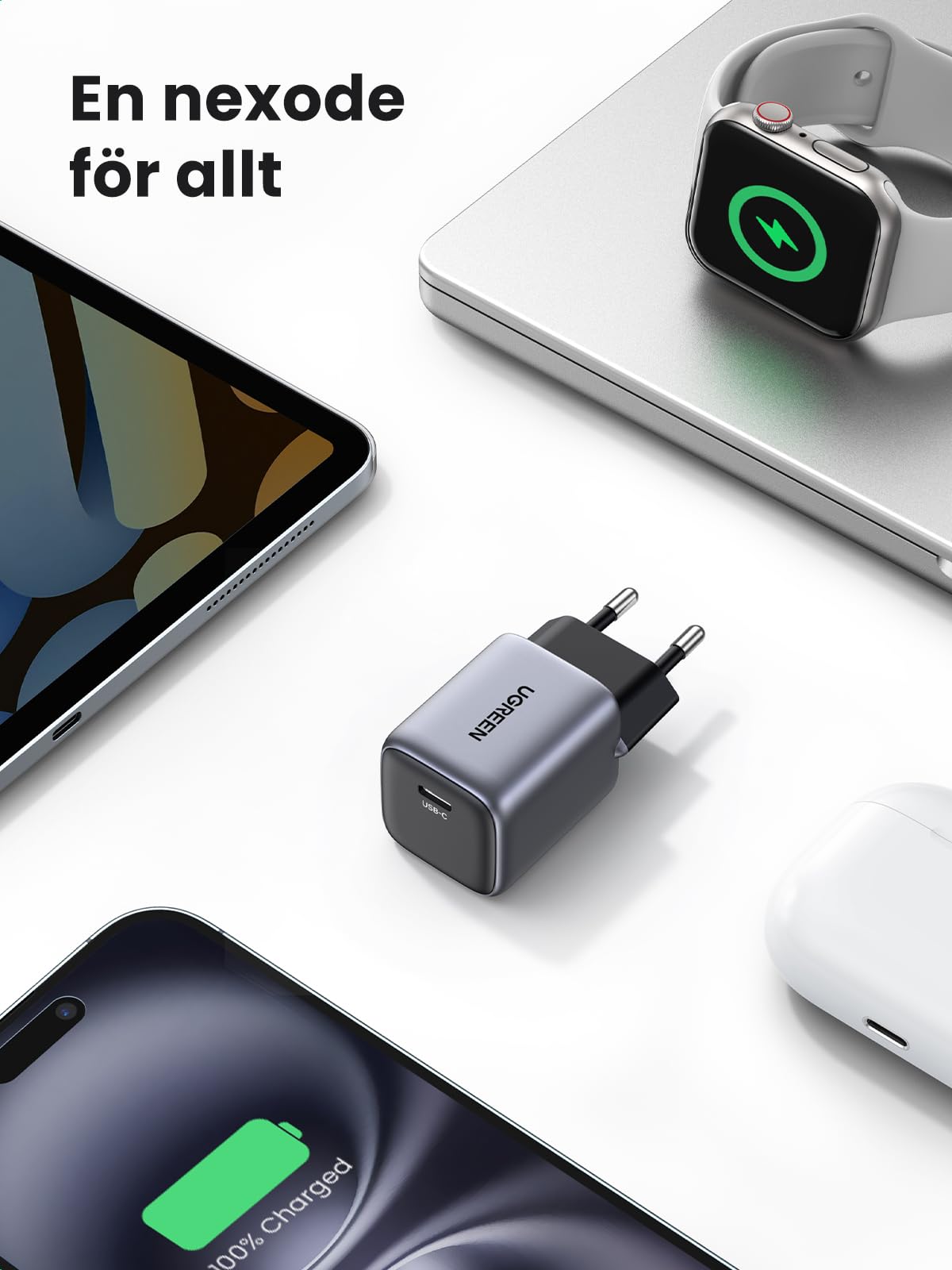 UGREEN Nexode 30W USB C-laddare USB C Power Bank GaN II Tech Snabbladdare Kompatibel med iPhone 14 Pro Max, 14, 13, 12, Galaxy S23 Ultra, S22, iPad, Tab A8, Pixel, HomePod (Svart)