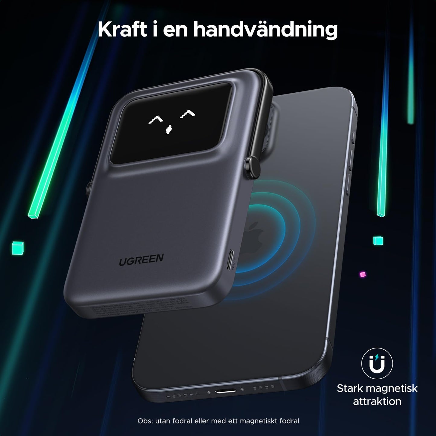 UGREEN Uno Wireless Power Bank 5000mAh Magnetisk powerbank med vikbart stativ och TFT-skärm, 20W USB-C snabbladdning, 7.5W MagSafe kompatibel med iPhone 12-16-serien (Lila)
