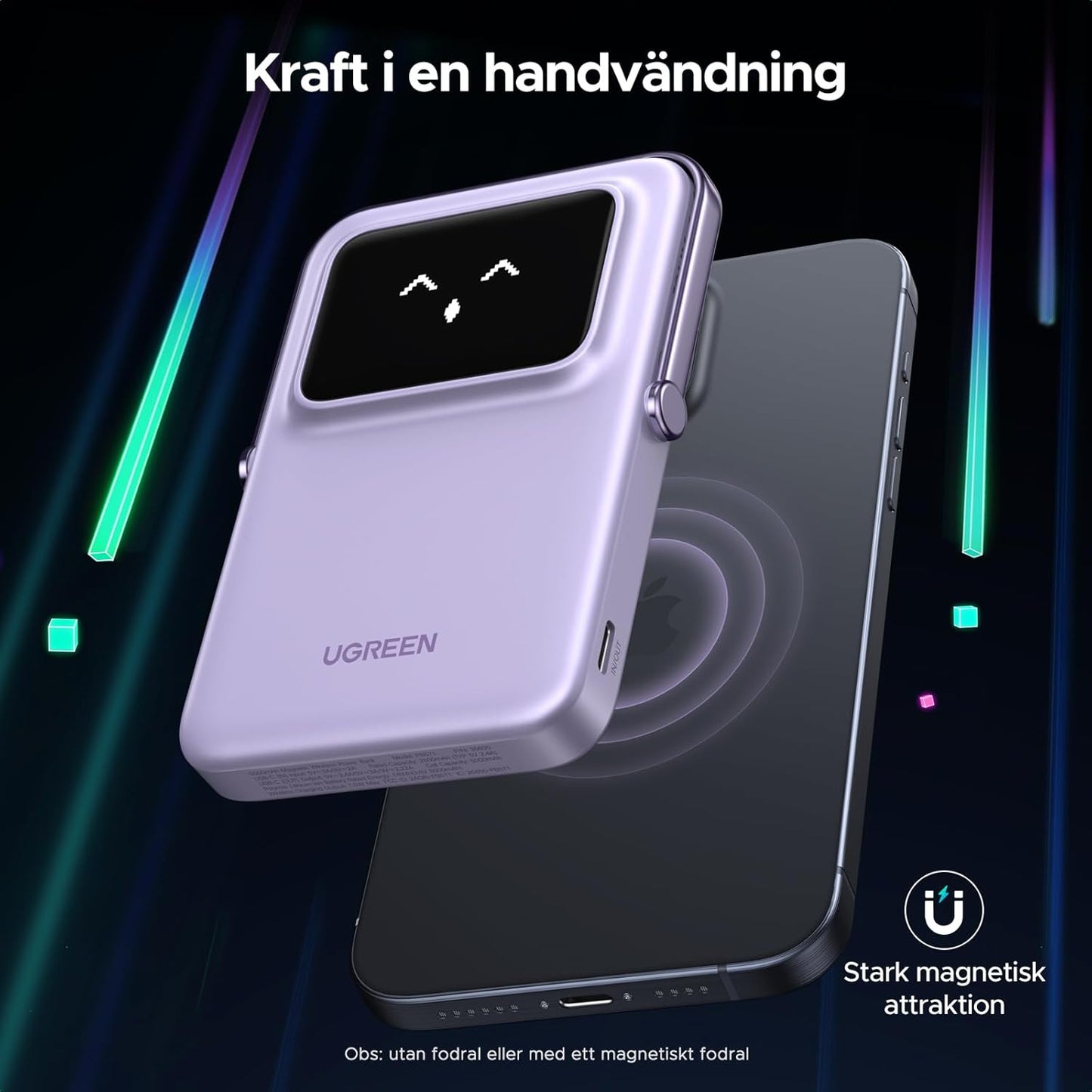 UGREEN Uno Wireless Power Bank 5000mAh Magnetisk powerbank med vikbart stativ och TFT-skärm, 20W USB-C snabbladdning, 7.5W MagSafe kompatibel med iPhone 12-16-serien (Lila)