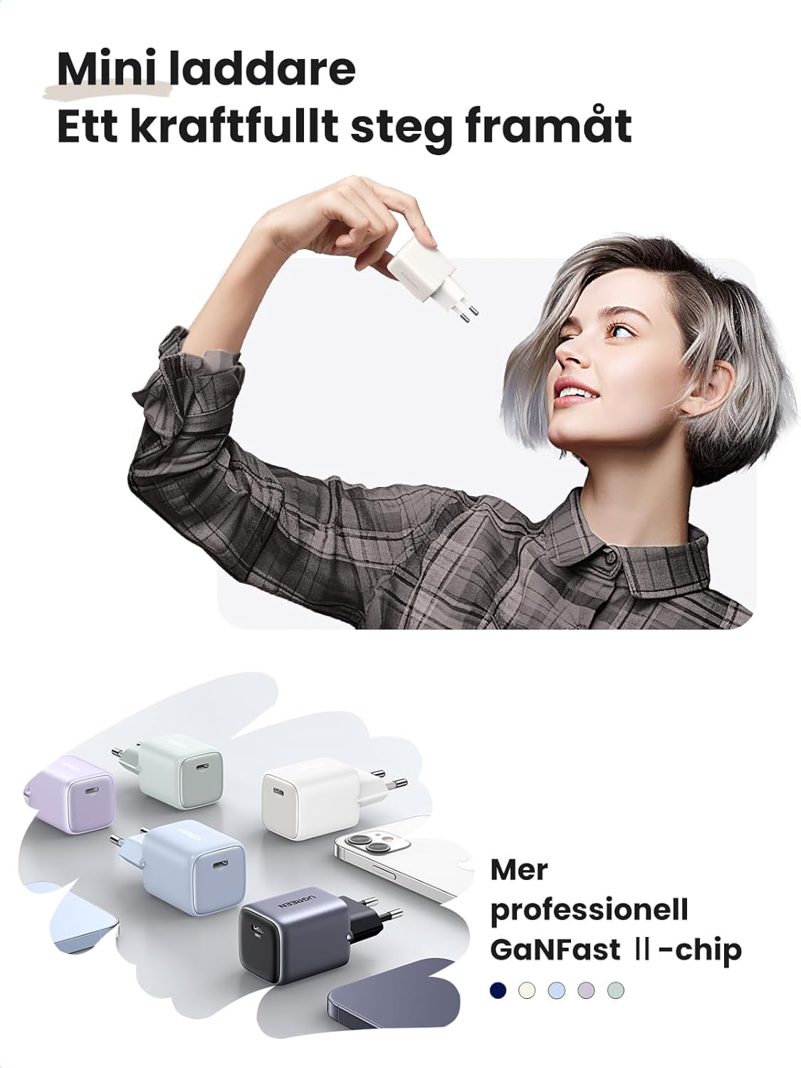 UGREEN Nexode 30W USB C-laddare USB C Power Bank GaN II Tech Snabbladdare Kompatibel med iPhone 14 Pro Max, 14, 13, 12, Galaxy S23 Ultra, S22, iPad, Tab A8, Pixel, HomePod (Svart)
