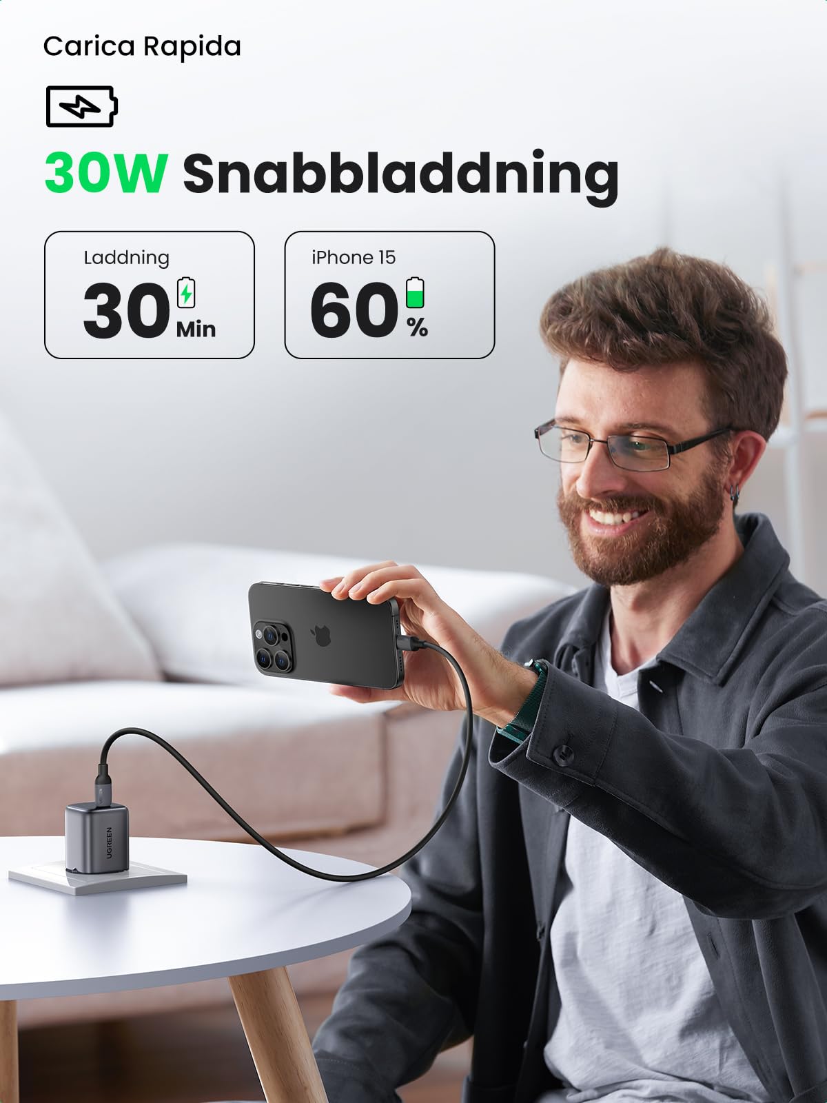 UGREEN Nexode 30W USB C-laddare med USB C till USB C-kabel USB C-strömadapter GaN II snabbladdare med PPS Kompatibel med Galaxy S23 Ultra, S22, S21, Pixel, MacBook Air, iPad, Tab S8, A8, iPhone 14