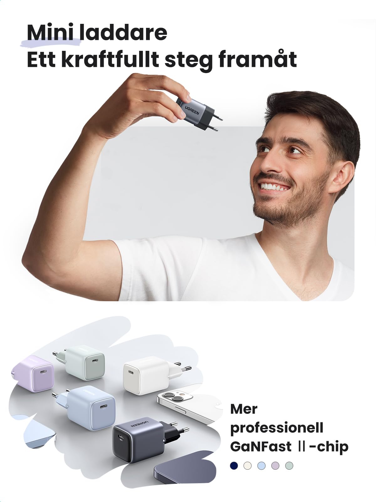 UGREEN Nexode 30W USB C-laddare USB C Power Bank GaN II Tech Snabbladdare Kompatibel med iPhone 14 Pro Max, 14, 13, 12, Galaxy S23 Ultra, S22, iPad, Tab A8, Pixel, HomePod (Svart)