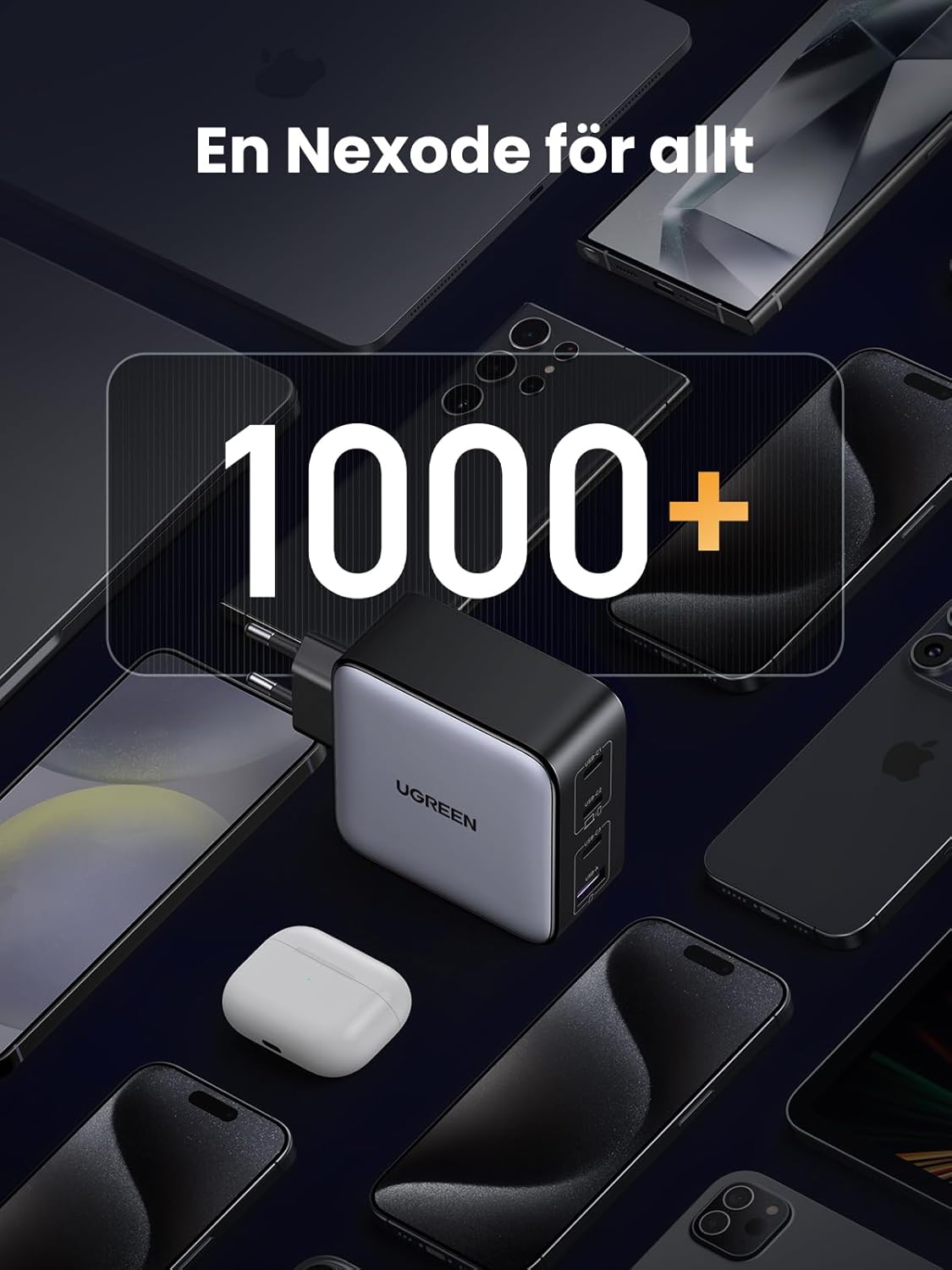 UGREEN Nexode 100W USB C Laddare GaN USB C Charger 4 Portar Laddare PD Strömadapter med PPS Kompatibel med MacBook Pro, iPhone 16/16 Pro/15 Pro Max/15, iPad Pro, S24 Ultra, S23, S22, Steam Deck osv.