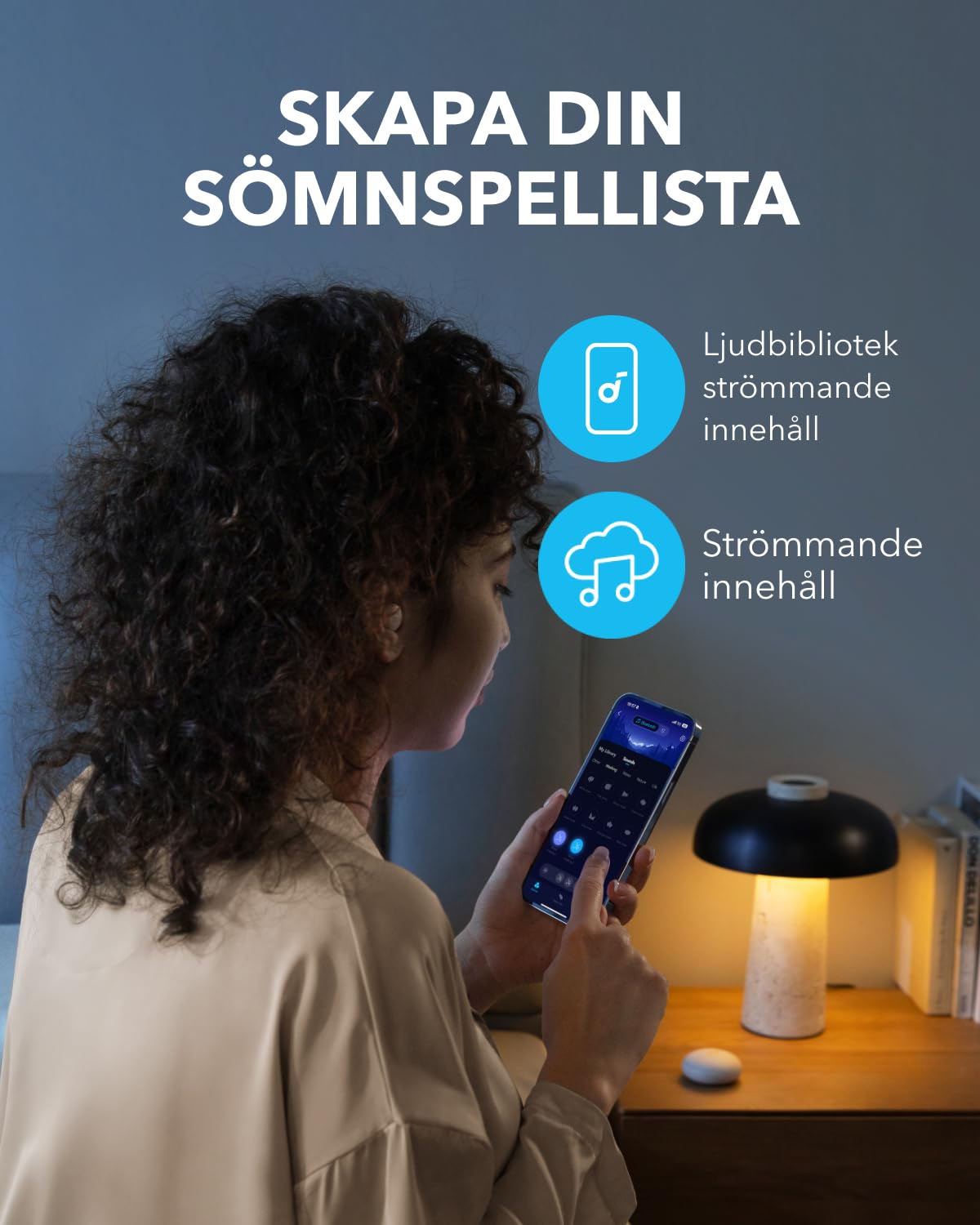 Anker Sleep Earbuds, brusblockerande sömnhörlurar, liten design för sidosovare, 80 timmars speltid, strömma innehåll via Bluetooth 5,3, sömnmonitor, personlig alarm