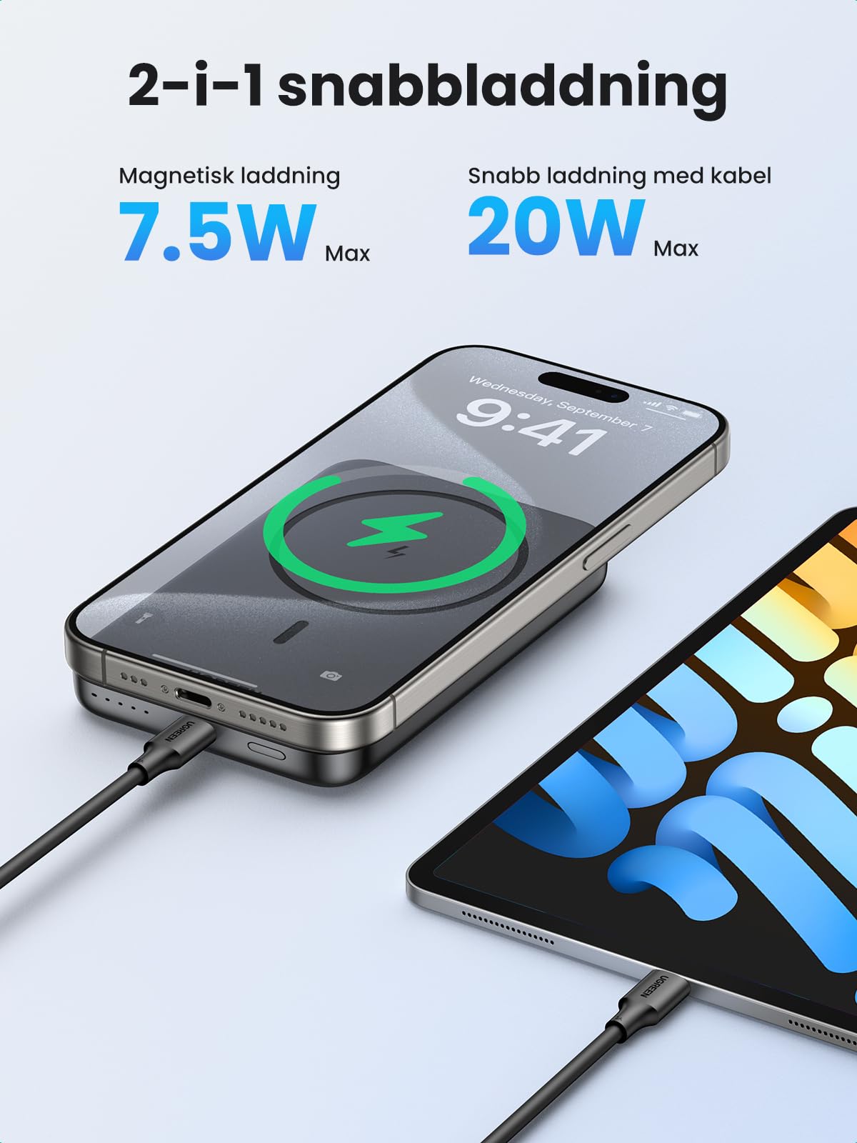UGREEN Trådlös powerbank 10000mAh magnetisk powerbank med USB-C snabbladdningsfunktion, trådlöst externt batteri MagSafe kompatibelt med iPhone 16 Pro Max/Pro/16/15 Pro Max/Pro/14/13/12(svart)