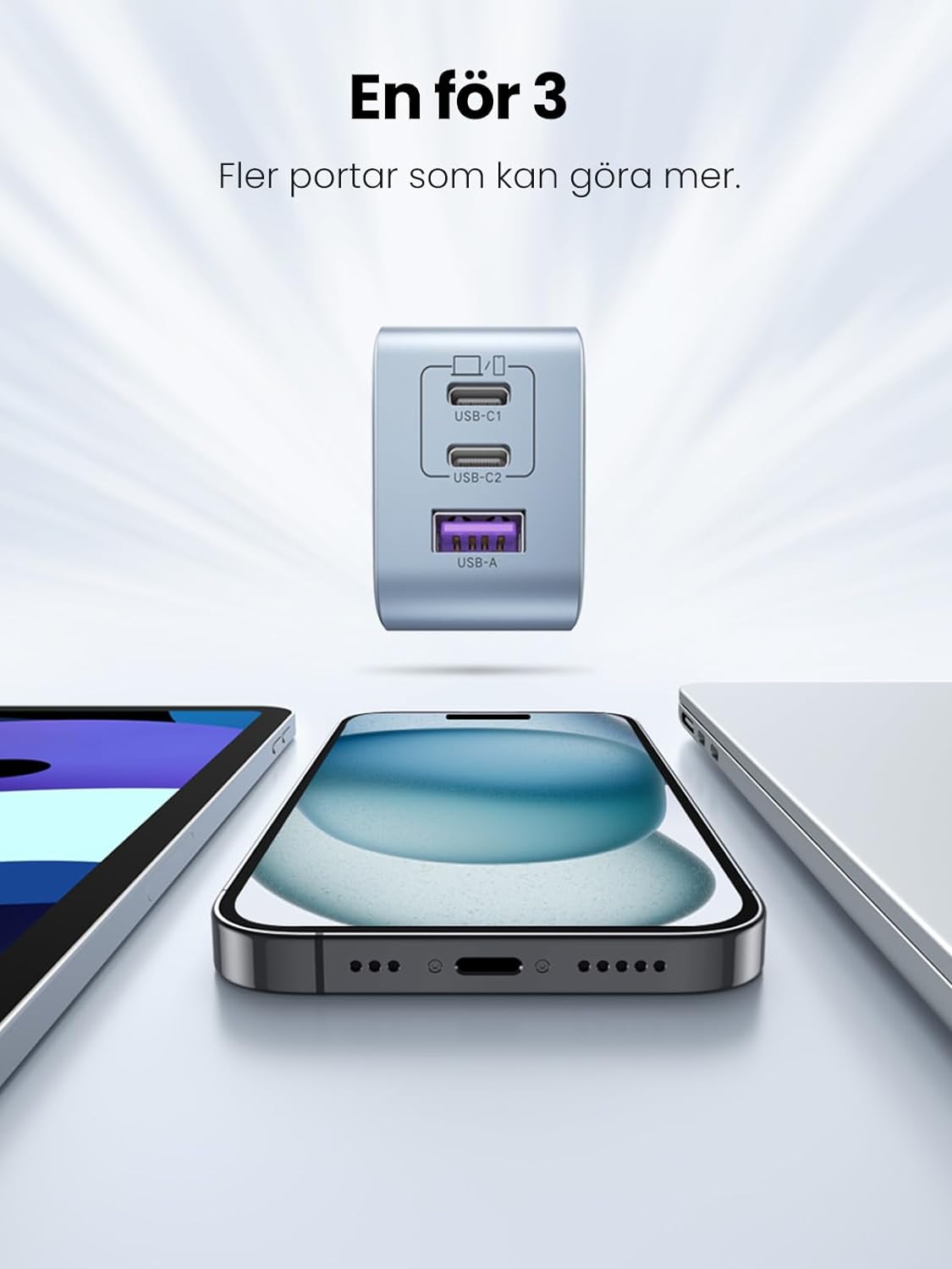 UGREEN Nexode USB C-laddare 65W USB C-strömadapter 3-portars GaN PD Charger PPS Kompatibel med MacBook Pro/Air, iPhone 16 Pro Max, 15, iPad Pro, Galaxy S24, S23, S22, Steam Deck.(Svart)