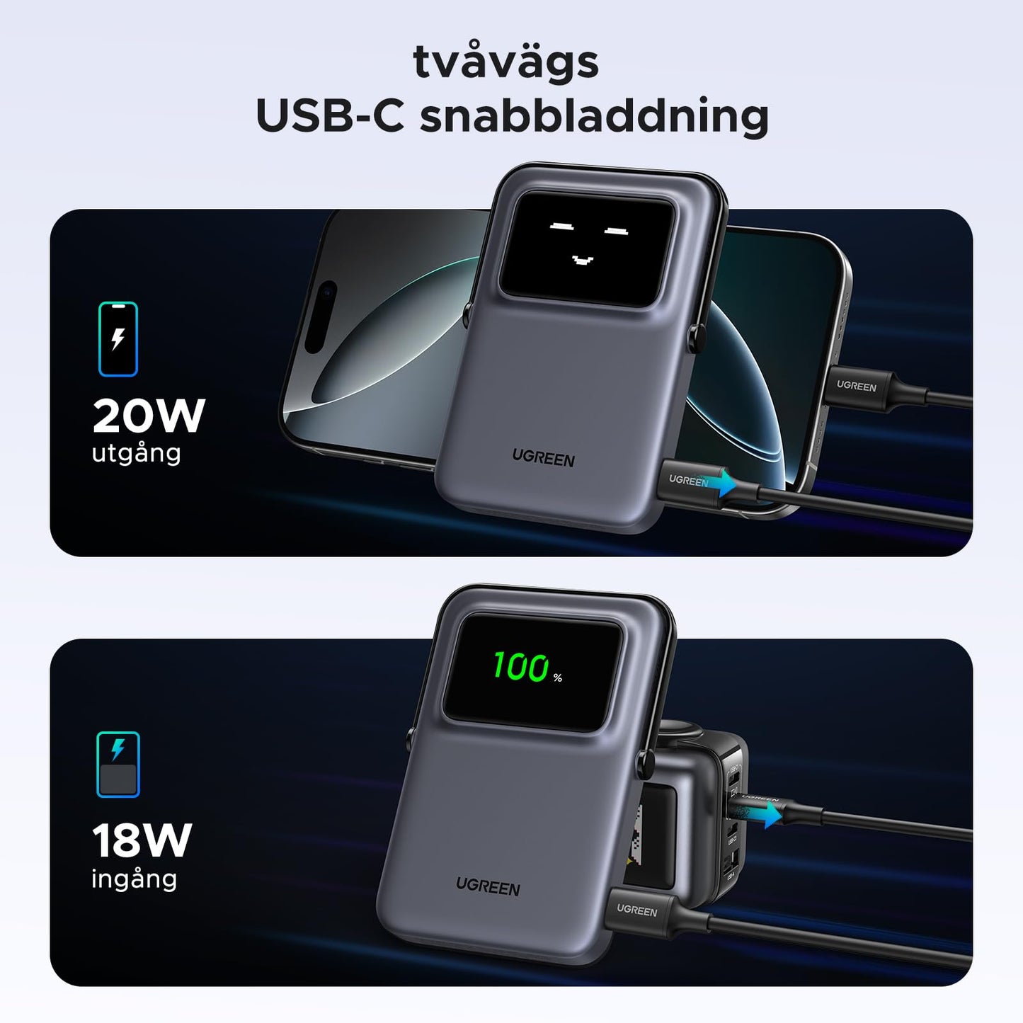 UGREEN Uno Wireless Power Bank 5000mAh Magnetisk powerbank med vikbart stativ och TFT-skärm, 20W USB-C snabbladdning, 7.5W MagSafe kompatibel med iPhone 12-16-serien (Lila)