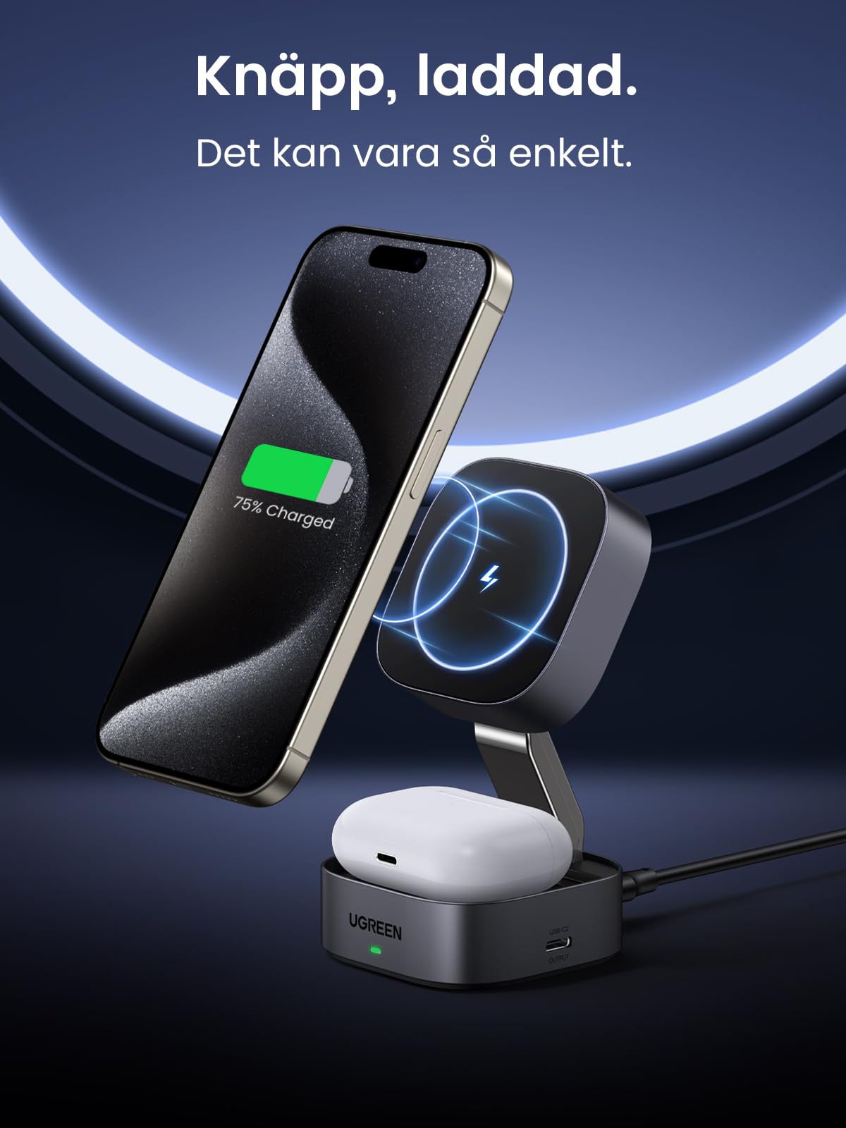 UGREEN MagFlow vikbart 2 i 1 laddningsstativ för iPhone kompatibelt med MagSafe trådlös laddare för iPhone 16,16 Pro,16 Pro Max,15,14,13,12, AirPods, vinkeljusterbart laddningsstativ