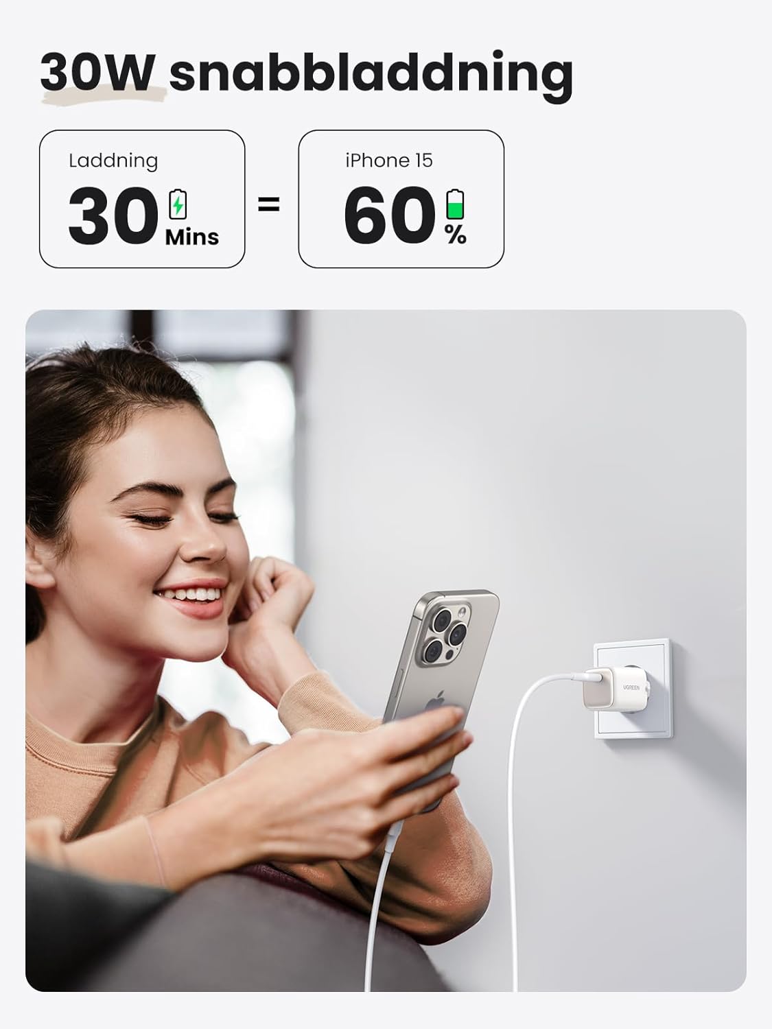 UGREEN Nexode 30W USB C-laddare USB C Power Bank GaN II Tech Snabbladdare Kompatibel med iPhone 14 Pro Max, 14, 13, 12, Galaxy S23 Ultra, S22, iPad, Tab A8, Pixel, HomePod (Svart)
