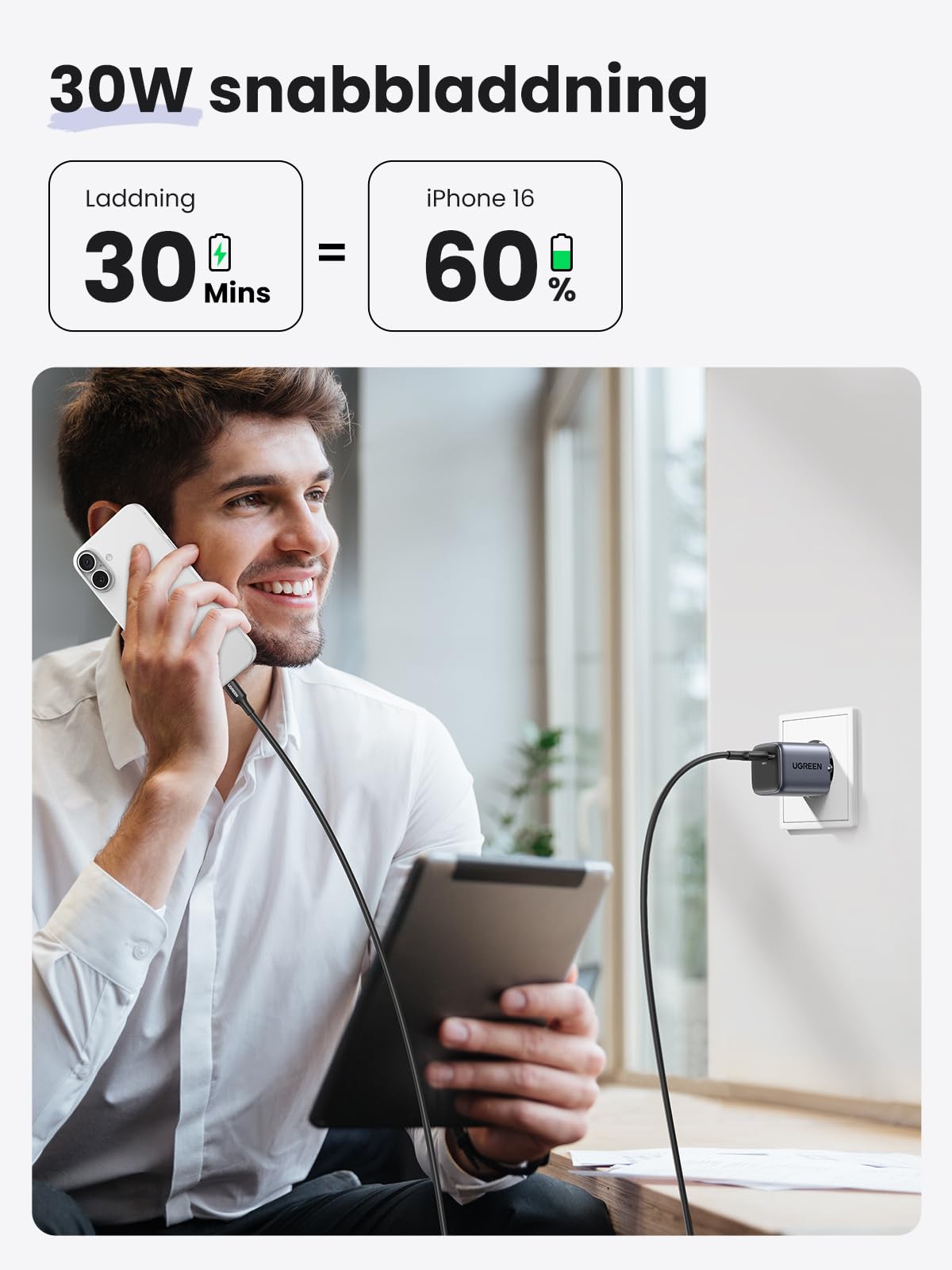 UGREEN Nexode 30W USB C-laddare USB C Power Bank GaN II Tech Snabbladdare Kompatibel med iPhone 14 Pro Max, 14, 13, 12, Galaxy S23 Ultra, S22, iPad, Tab A8, Pixel, HomePod (Svart)