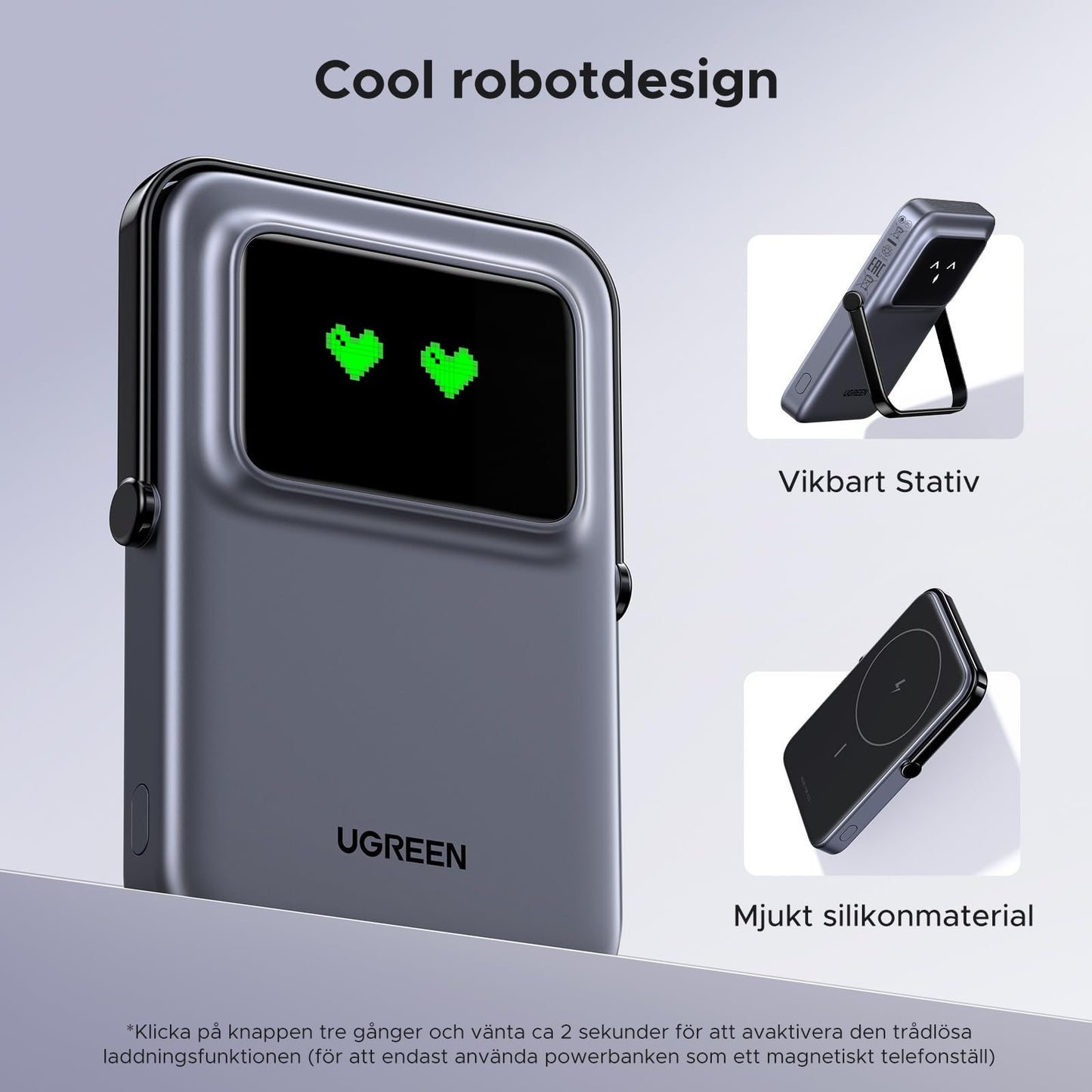 UGREEN Uno Wireless Power Bank 5000mAh Magnetisk powerbank med vikbart stativ och TFT-skärm, 20W USB-C snabbladdning, 7.5W MagSafe kompatibel med iPhone 12-16-serien (Lila)