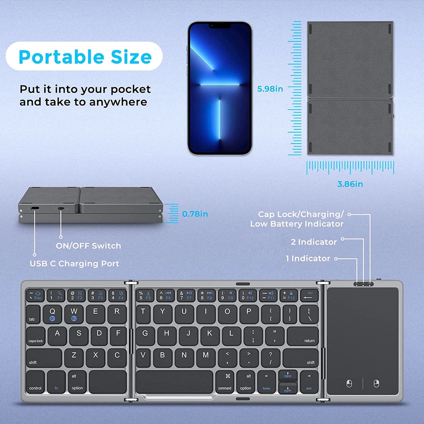 Seenda Fällbar Trådlös Bluetooth-tangentbord Uppladdningsbar Folding Bärbara för PC Mac Smartphone Windows iOS Android