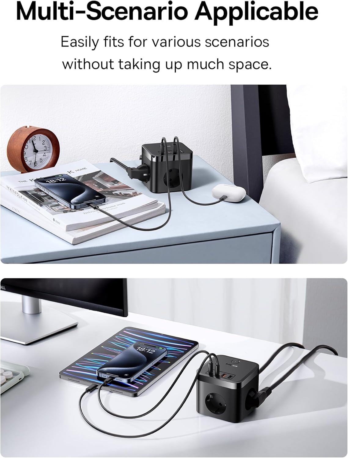 Baseus 30 W kub USB C grenuttag GaN5 USB C laddare USB 3-vägs uttag med strömbrytare, bärbar PD-laddare för MacBook, iPad, iPhone 15/14/13/12, galax, spel, hem, kontor