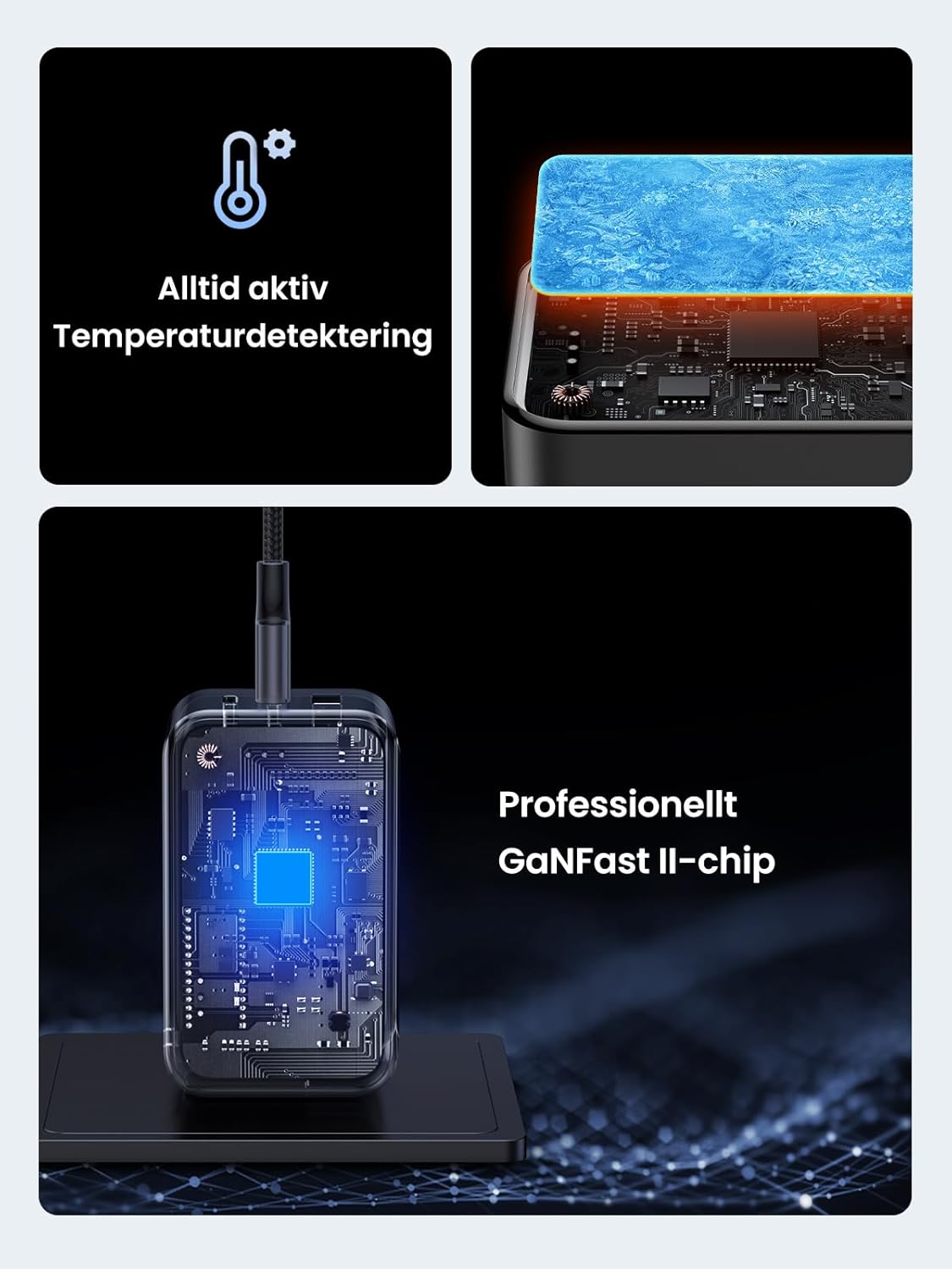 UGREEN Nexode USB C-laddare 65W USB C-strömadapter 3-portars GaN PD Charger PPS Kompatibel med MacBook Pro/Air, iPhone 16 Pro Max, 15, iPad Pro, Galaxy S24, S23, S22, Steam Deck.(Svart)