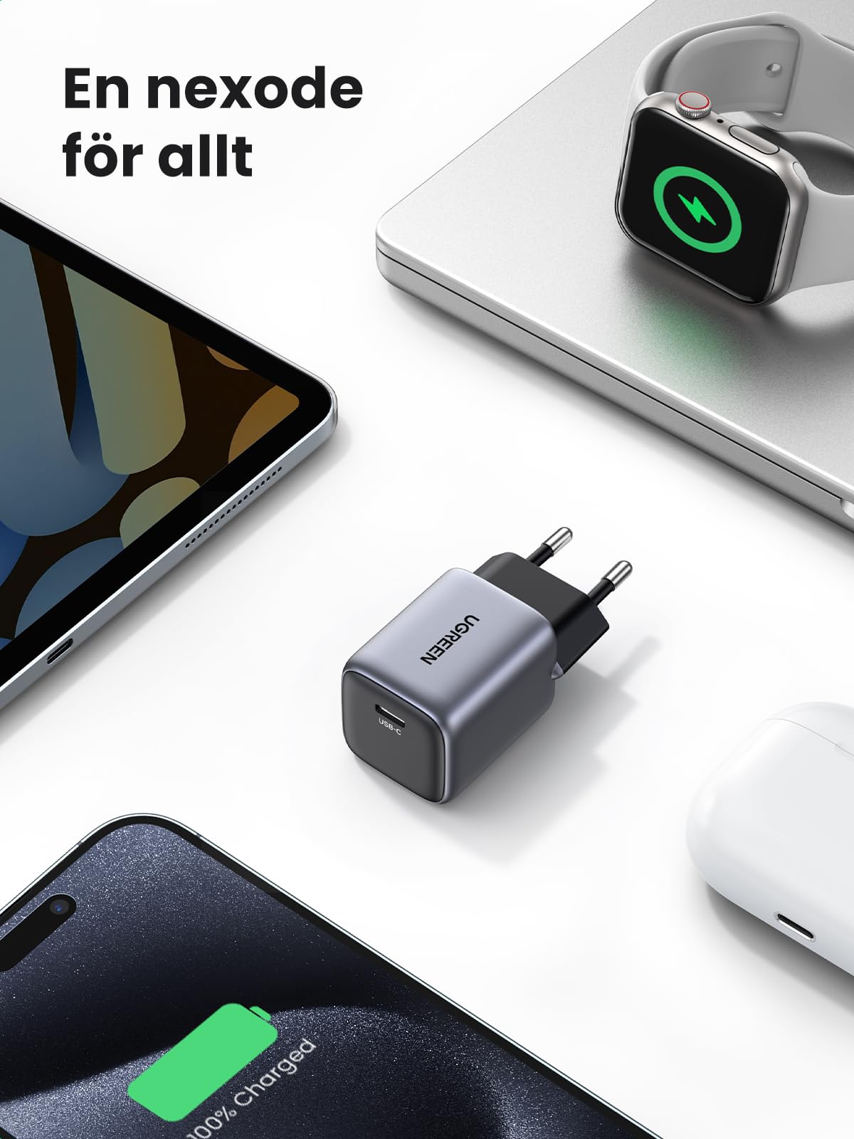 UGREEN Nexode 30W USB C-laddare med USB C till USB C-kabel USB C-strömadapter GaN II snabbladdare med PPS Kompatibel med Galaxy S23 Ultra, S22, S21, Pixel, MacBook Air, iPad, Tab S8, A8, iPhone 14