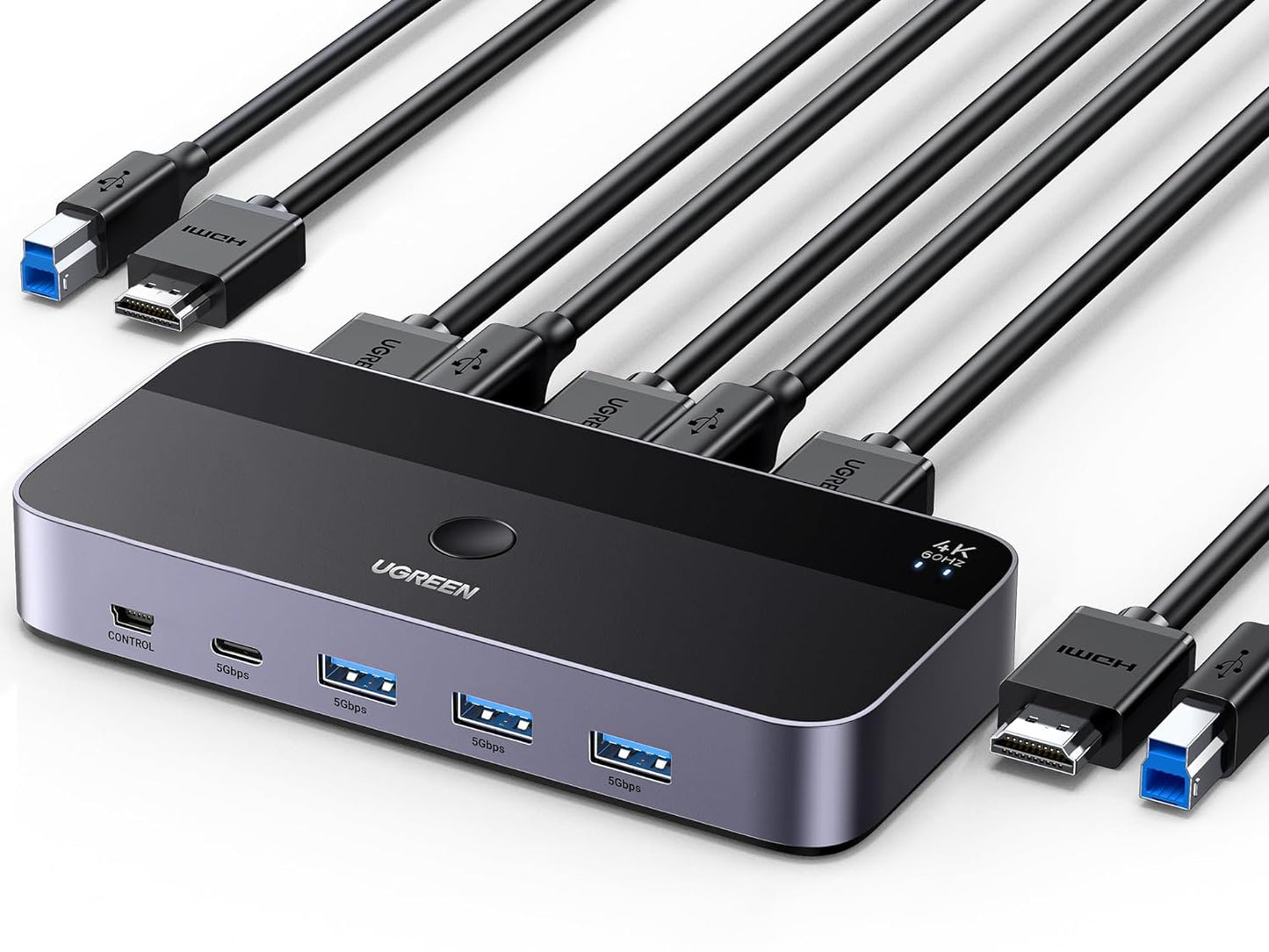 UGREEN HDMI 2.0 KVM Switch 4K@60Hz USB 3.0 Switch 4 USB portar (3*USB 3.0+ USB C) Dela 1 bildskärm och Tangentbord, Mus, Skrivare, U-disk för 2 PC med 2 USB Kablar och 2 HDMI Kablar.