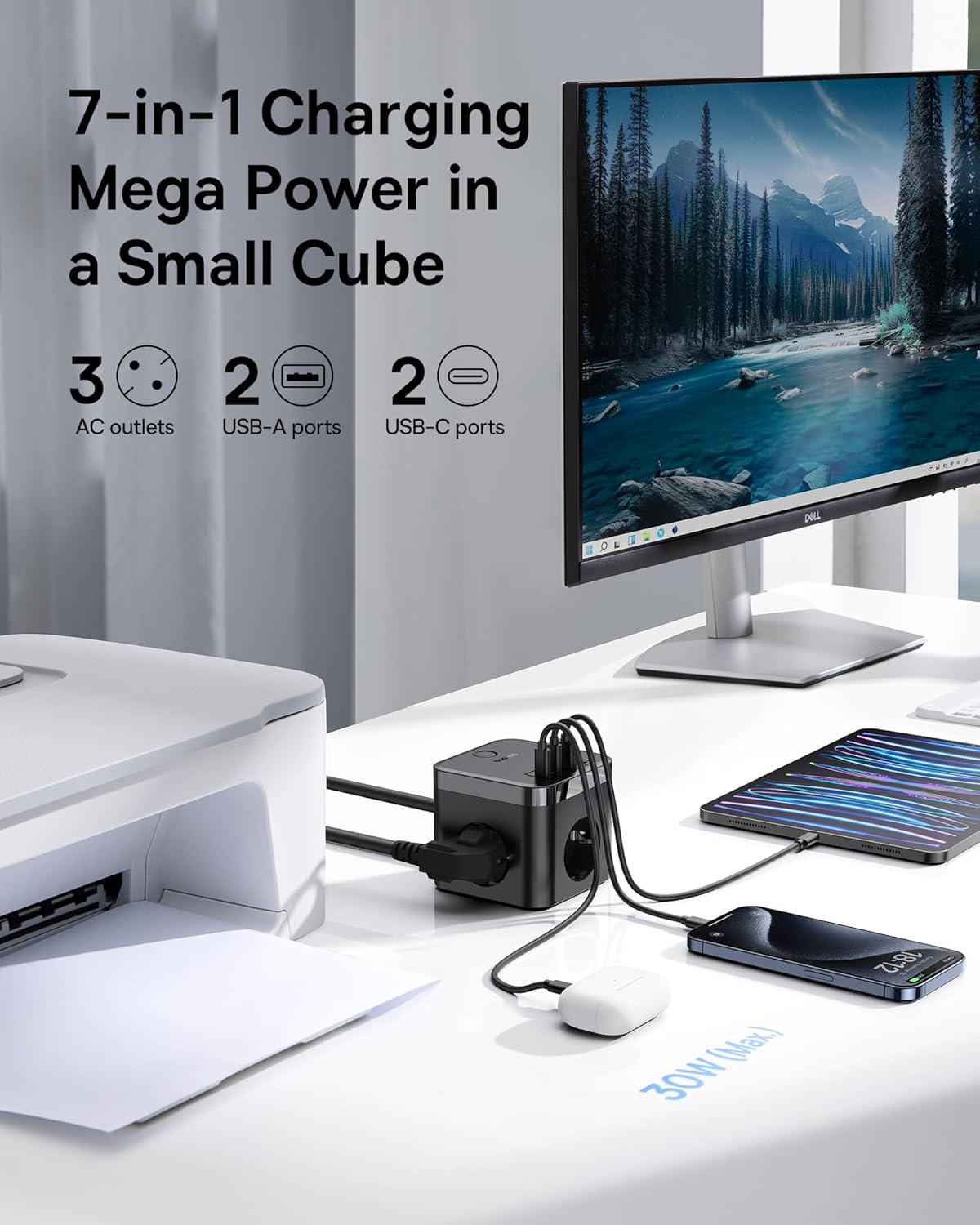 Baseus 30 W kub USB C grenuttag GaN5 USB C laddare USB 3-vägs uttag med strömbrytare, bärbar PD-laddare för MacBook, iPad, iPhone 15/14/13/12, galax, spel, hem, kontor