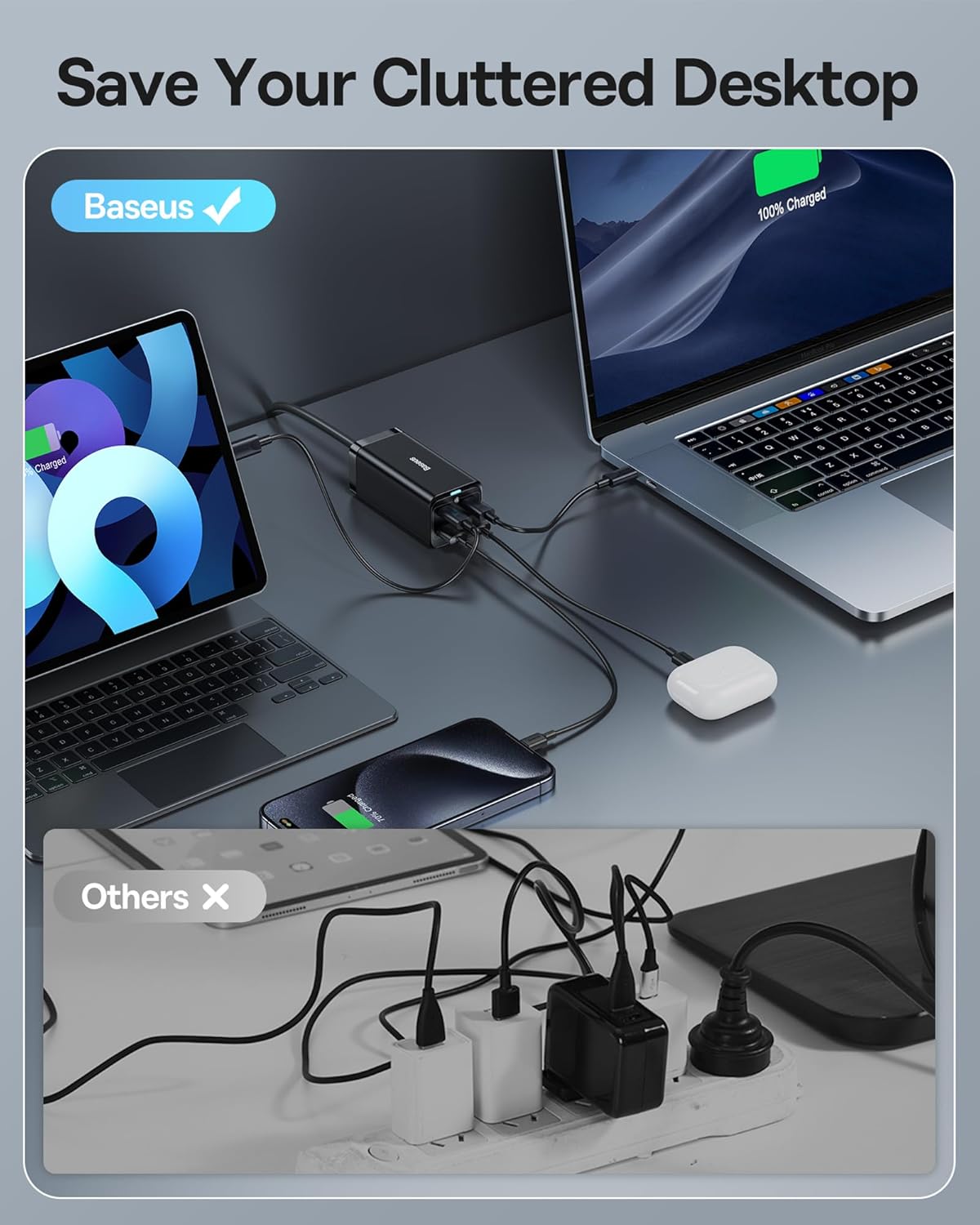 Baseus 100W USB C-laddare PD GaN III, PPS 4-portars snabbkompakt med 5 fot växelströmskabel, strömadapter för Mac-Book Pro 16″, Mac-Book Air, iP-ad Pro, Steam Deck, Galaxy S22, Dell XPS 13, Note 20
