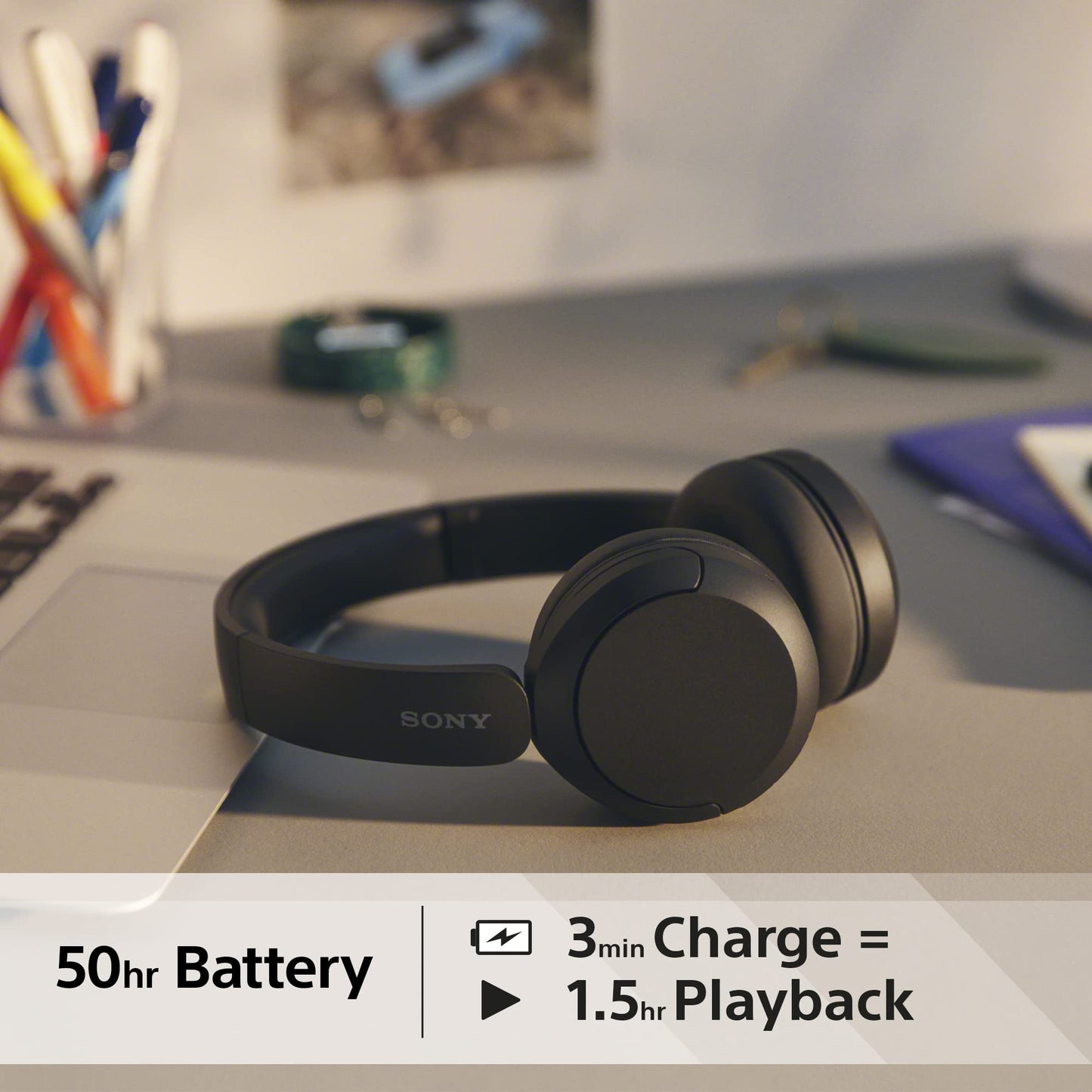 Sony WH-CH520 trådlösa Bluetooth-hörlurar - upp till 50 timmars batteritid med snabbladdning, On-ear-stil - Svart