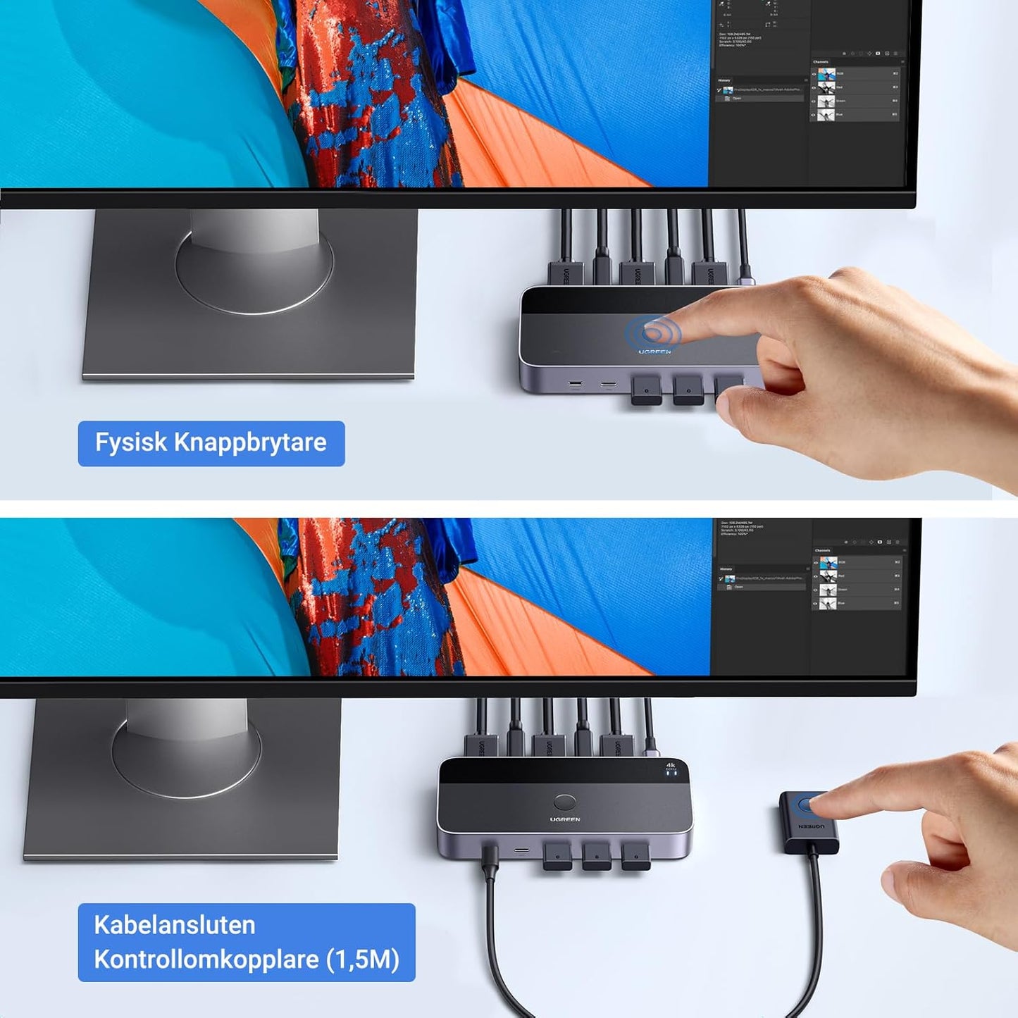 UGREEN HDMI 2.0 KVM Switch 4K@60Hz USB 3.0 Switch 4 USB portar (3*USB 3.0+ USB C) Dela 1 bildskärm och Tangentbord, Mus, Skrivare, U-disk för 2 PC med 2 USB Kablar och 2 HDMI Kablar.