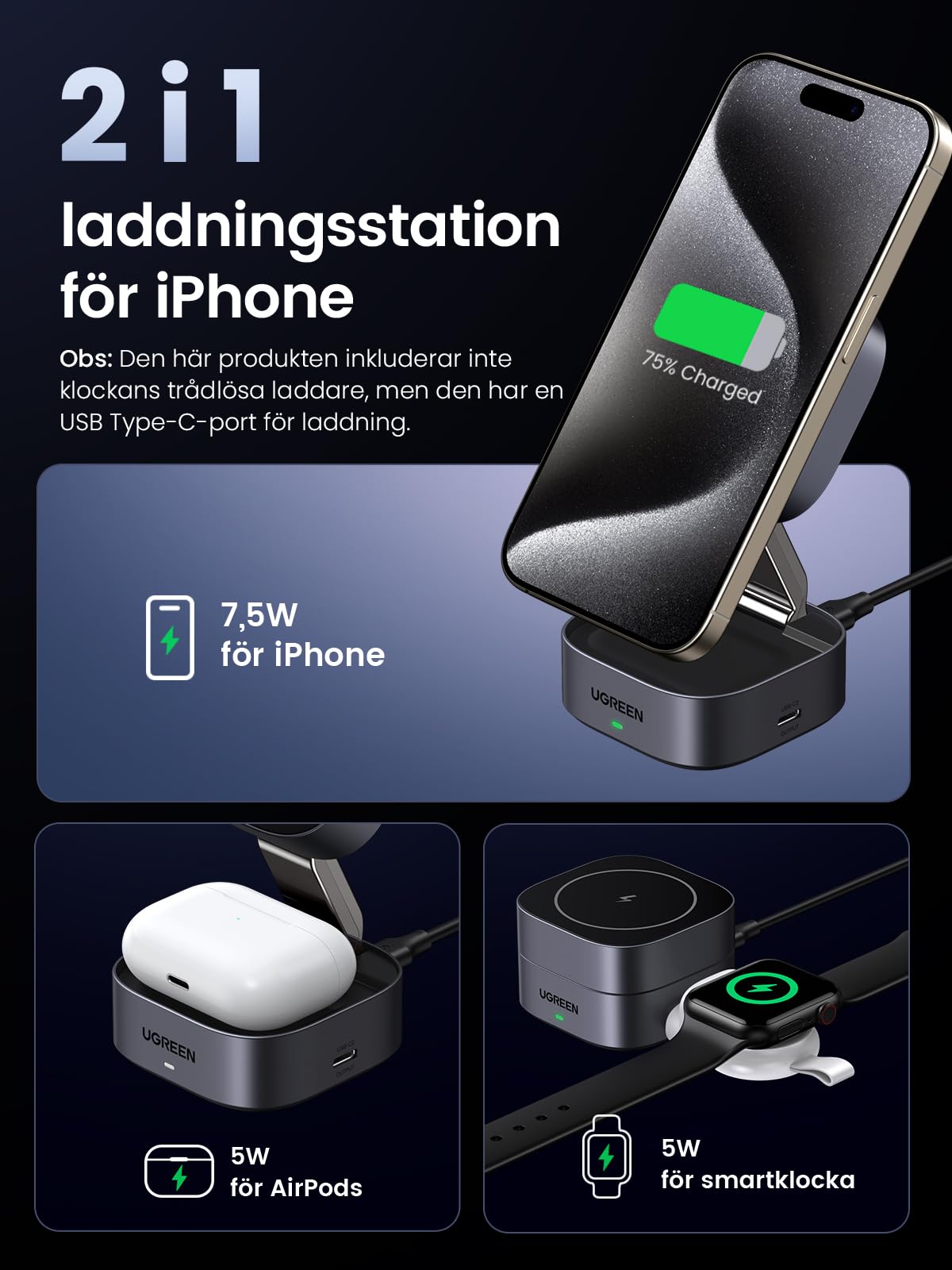 UGREEN MagFlow vikbart 2 i 1 laddningsstativ för iPhone kompatibelt med MagSafe trådlös laddare för iPhone 16,16 Pro,16 Pro Max,15,14,13,12, AirPods, vinkeljusterbart laddningsstativ