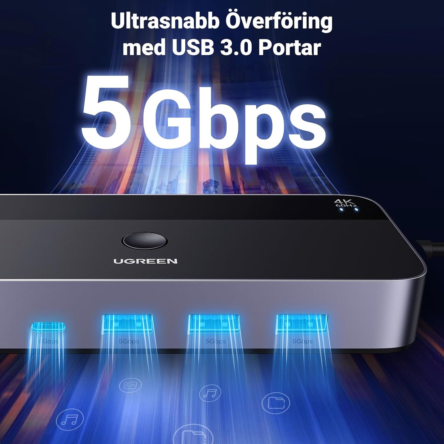 UGREEN HDMI 2.0 KVM Switch 4K@60Hz USB 3.0 Switch 4 USB portar (3*USB 3.0+ USB C) Dela 1 bildskärm och Tangentbord, Mus, Skrivare, U-disk för 2 PC med 2 USB Kablar och 2 HDMI Kablar.