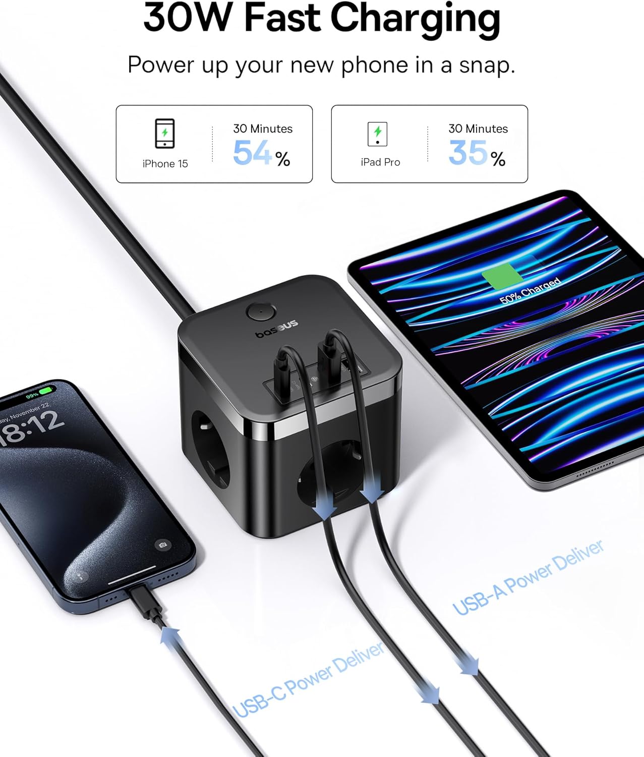 Baseus 30 W kub USB C grenuttag GaN5 USB C laddare USB 3-vägs uttag med strömbrytare, bärbar PD-laddare för MacBook, iPad, iPhone 15/14/13/12, galax, spel, hem, kontor