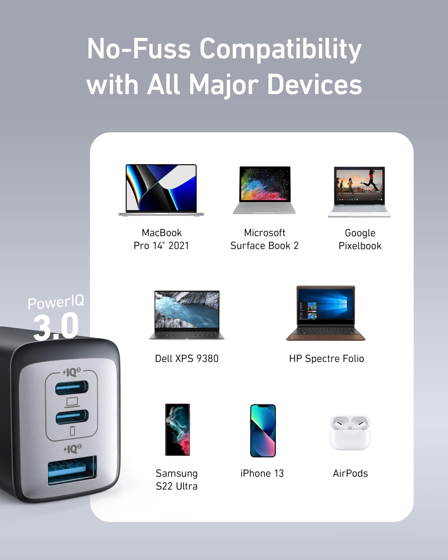 Anker USB C-laddare, 735 Laddare Nano II 65W, PPS 3-ports snabb, kompakt hopfällbar.