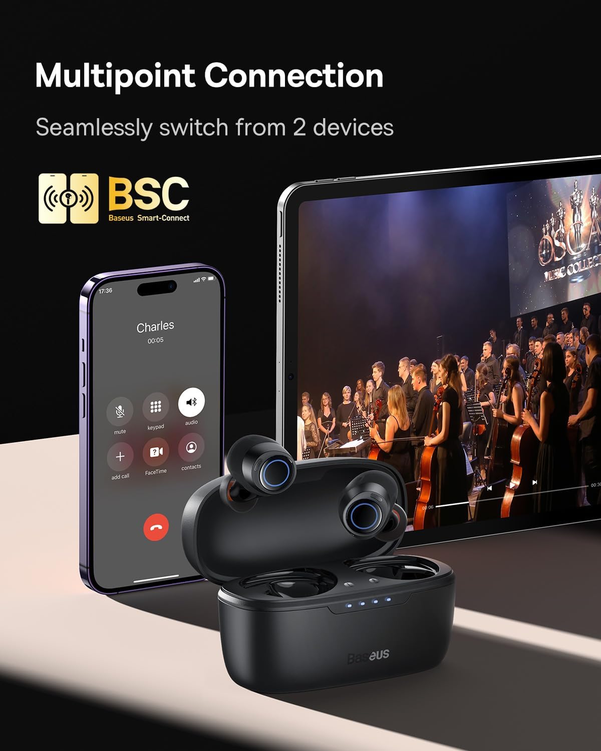 Baseus Bluetooth-hörlurar trådlösa med -48 dB hybrid aktiv brusreducering, 140 timmar Uppspelningstid, vattentät IPX6, 4 ENC-mikrofoner, 0,038s låg latens, Bluetooth 5.3 – Bowie MA10